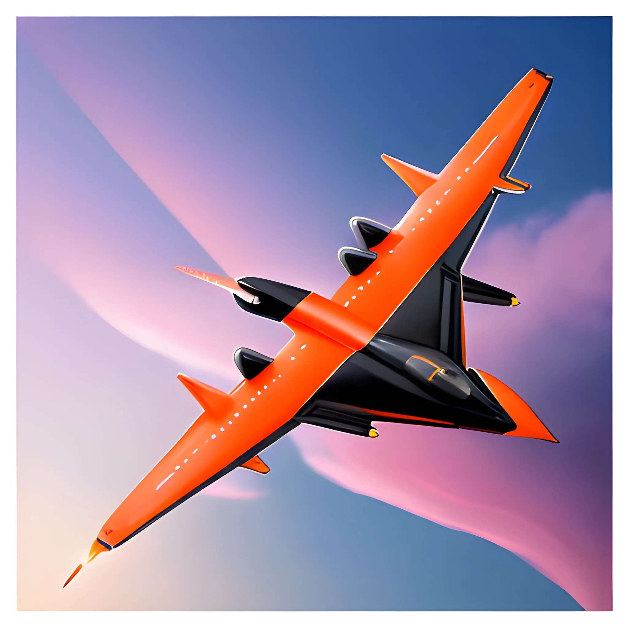 "Create an image of a sleek, futuristic airplane named 'Akil,' soaring through the clouds at sunset. The airplane should have a unique, elegant design, with its name 'Akil' clearly visible on the side of the fuselage in modern, bold lettering. The background shows a vibrant orange and pink sky with light rays reflecting off the plane's metallic surface, giving it a majestic and advanced appearance.", 3D