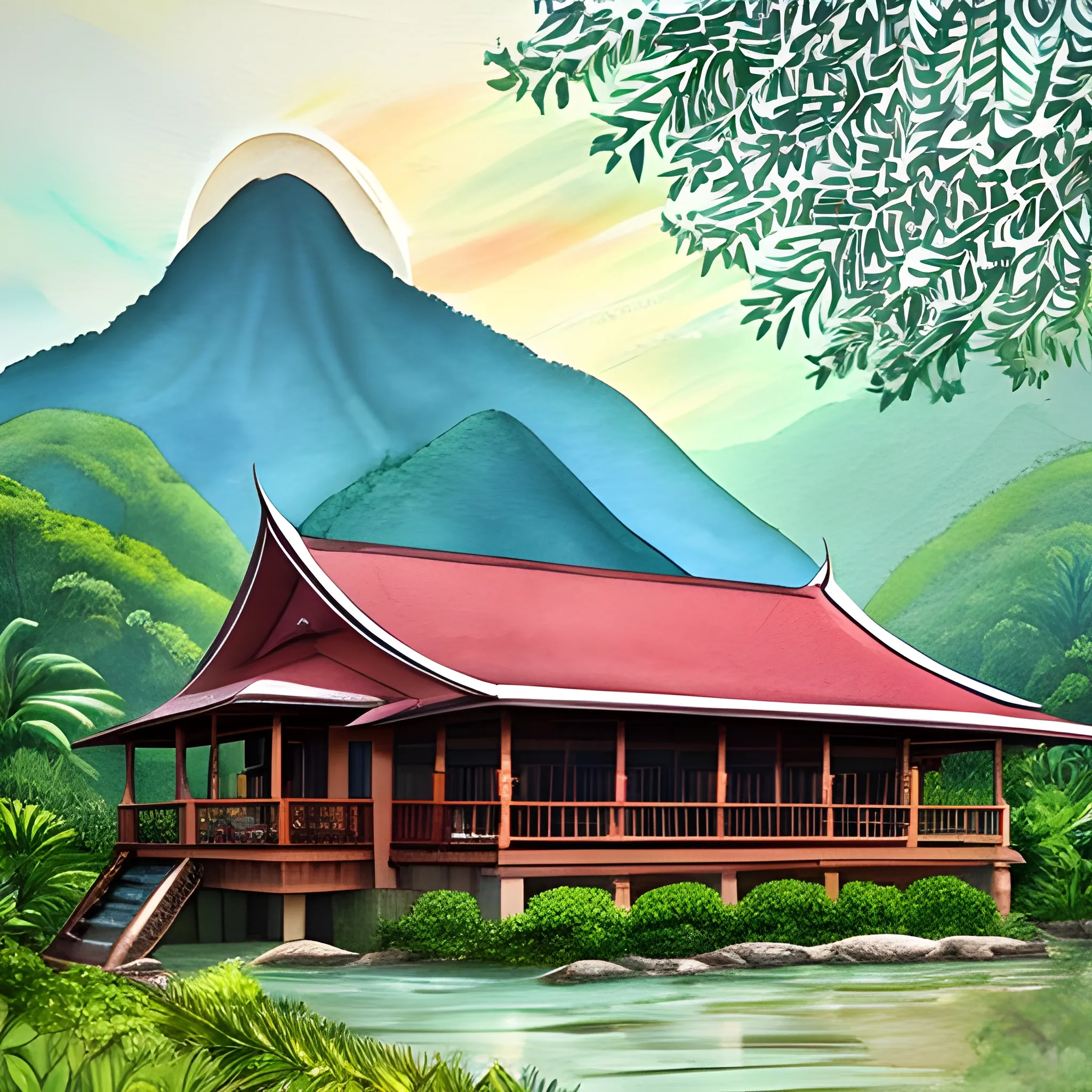 Traditional Malay house in Malaysia with forest trees on the side and mountain in the background with a ray of sunlight , Water Color