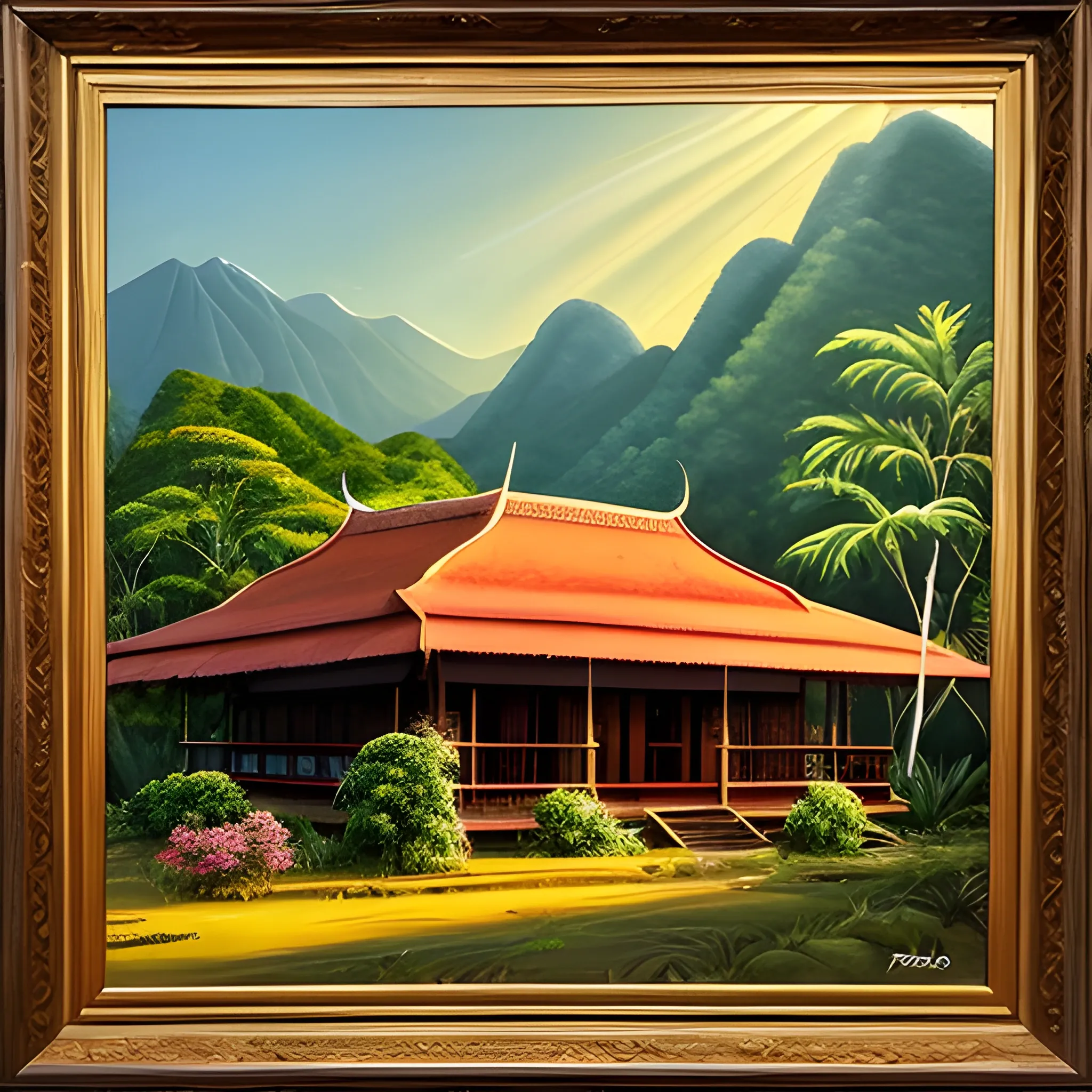 Traditional Malay house in Malaysia with forest trees on the side and mountain in the background with a ray of sunlight ,  Oil Painting