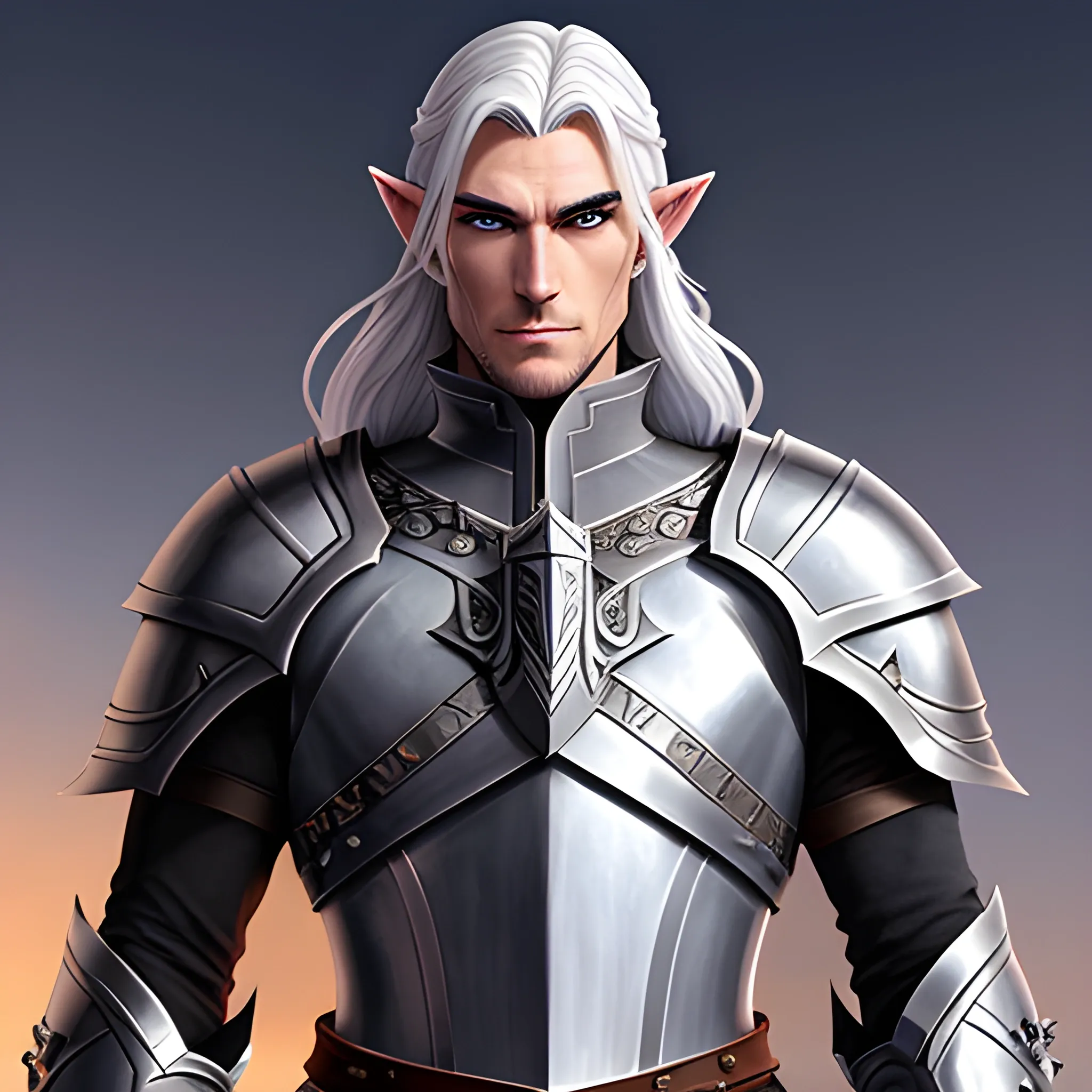 A male young elf paladin who has elven features: pointed ears, a sharp jawline, and piercing bright eyes that radiate warmth and determination. His hair is silver, slightly tousled. He wears chainmail armor and carries a standard longsword and a plain shield adorned with a raven emblem, Water Color