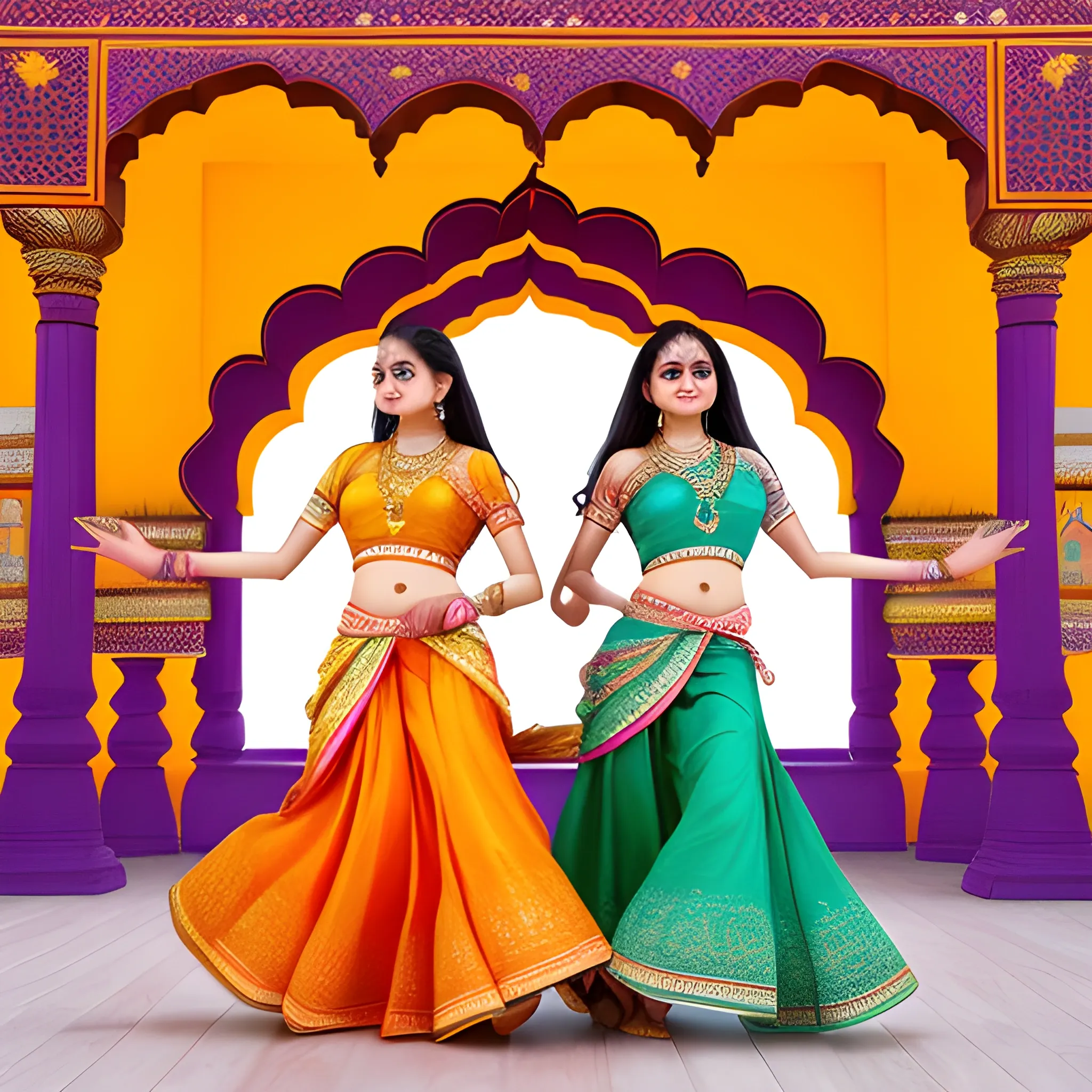 Graceful gujarati women Dancing on Aurora's Archway, graceful pose, vivid (colors of the Aurora's), wearning Kutchi Embroidered Navratri Chaniya Choli flowing attire, decorations and cultural representations, chic accessories, soft and dreamy ambiance, radiating a sense of joy, ultra-detailed, Aurora's lighting, romantic atmosphere, intricate patterns, harmonious blend of hues, beautifully flowing hair, serene expression, enchanting background bursting with color, high-quality rendering.