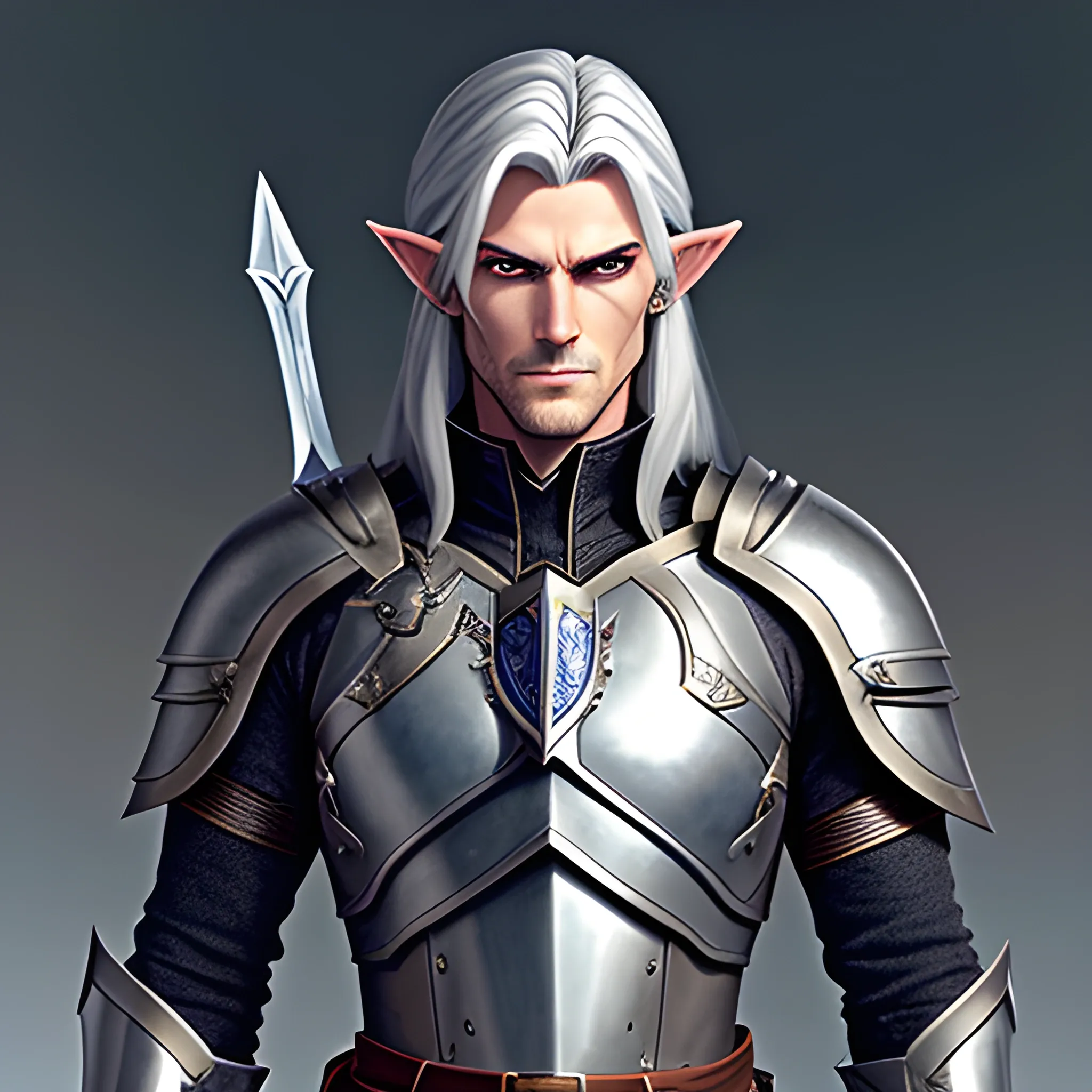 A male young elf paladin who has elven features: pointed ears, a sharp jawline, and piercing bright eyes that radiate warmth and determination. His hair is silver, slightly tousled. He wears chainmail armor and carries a standard longsword and a plain shield adorned with a raven emblem, Water Color, Cartoon