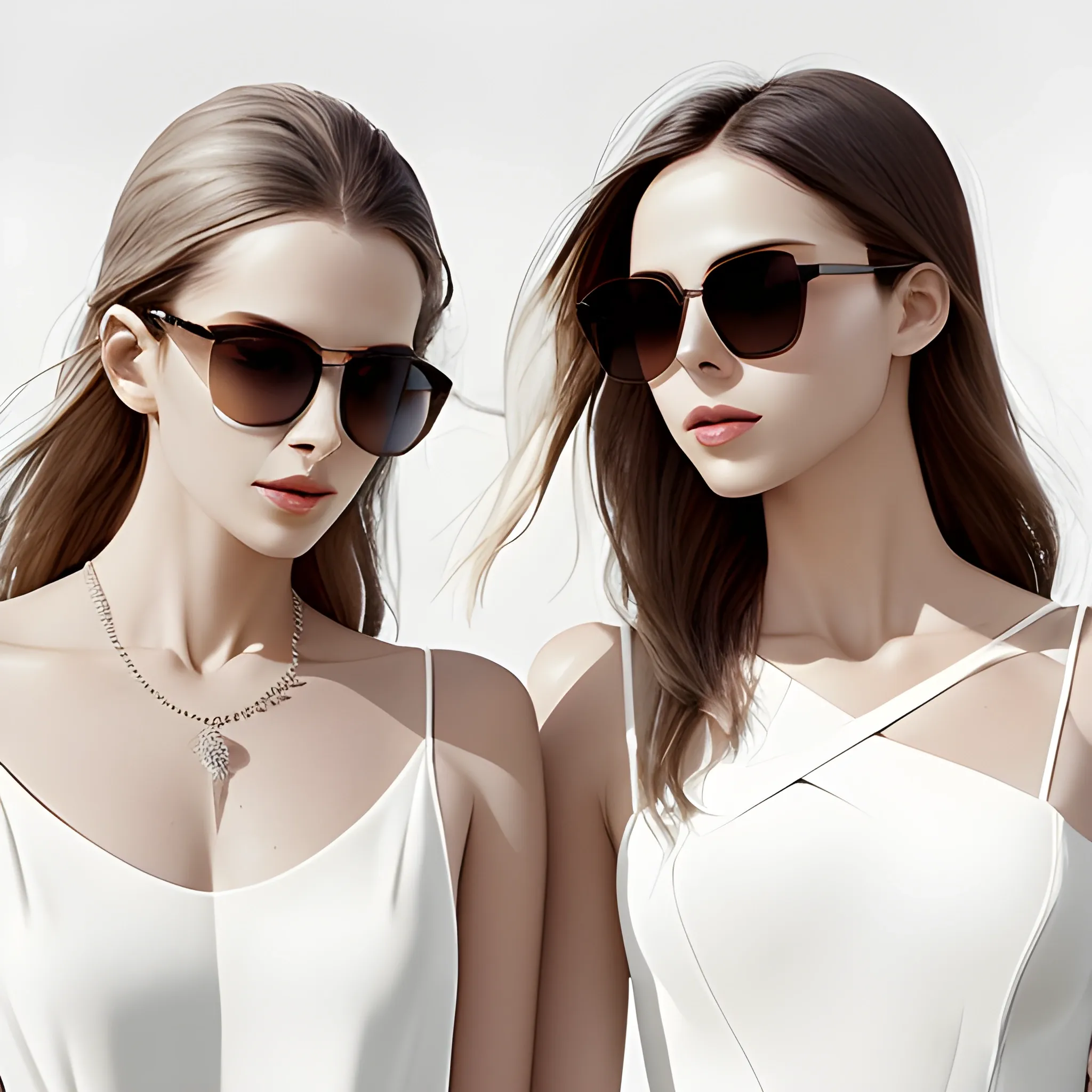 A pair of stylish women's sunglasses rests majestically on a stark white backdrop, bathed in soft, directional light that emphasizes their sleek curves and glamorous appeal.