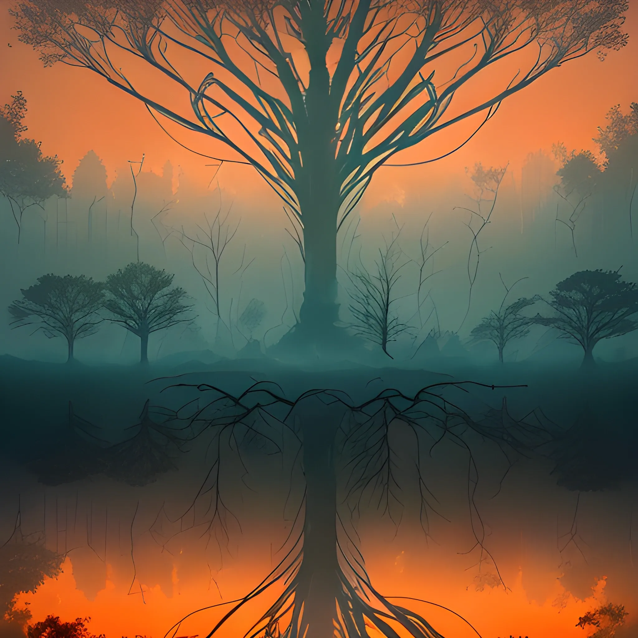 A futuristic, eerie landscape where a network of delicate, neon-lit tree roots crisscross beneath the forest floor, pulsing with gentle warmth, as if the trees themselves are exhaling a soothing breath of life, amidst a backdrop of smoky, burnt-orange hues, evoking a sense of post-apocalyptic renewal, in the style of Syd Mead.