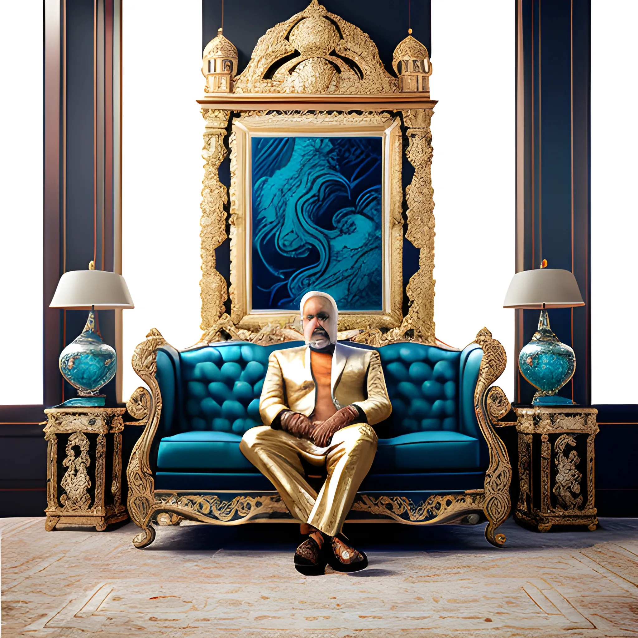 A 52 years old indian men sitting on luxury chair,  sparkling elegance, in luxury office, idiosyncratic vibe, deep oceanic color palette, floor-to-ceiling window, natural light flood, metallic vases, ornate picture frames, Nikon Z9 mirrorless photography, 85mm lens, f/1.8, 16K high resolution quality.