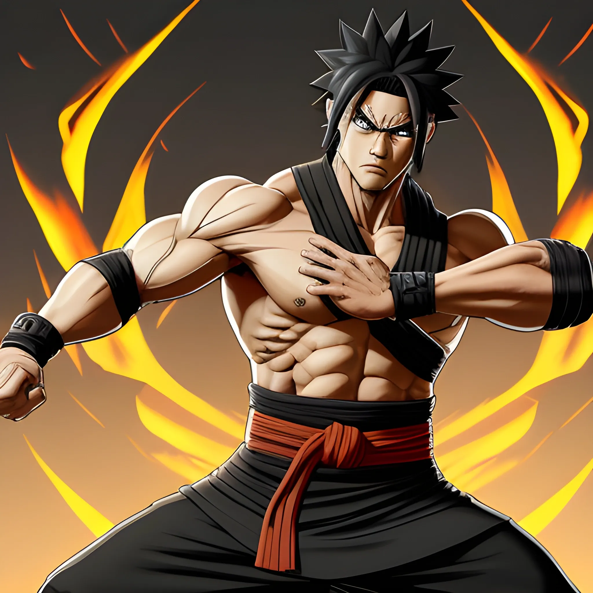 A powerful and fierce-looking man with a muscular and athletic build, standing tall and ready for combat. His skin is slightly tanned, and his short, dark brown hair is spiked up in a classic shinobi style, reminiscent of characters from the Naruto universe. His intense brown eyes, filled with determination, are framed by sharp, angular features, including high cheekbones and a strong jawline. He wears a modified shinobi outfit: a tight black vest with Konoha's symbol on a band wrapped around his arm, combined with loose combat pants and shin guards. His arms are wrapped in bandages from previous battles, revealing his status as a seasoned fighter. Behind him, swirling chakra energy in the form of a faint, golden aura hints at his immense strength and precision in combat. He stands in a balanced, fight-ready pose, with one hand extended as if preparing to unleash a devastating taijutsu move, embodying the fierce spirit of a shinobi warrior.