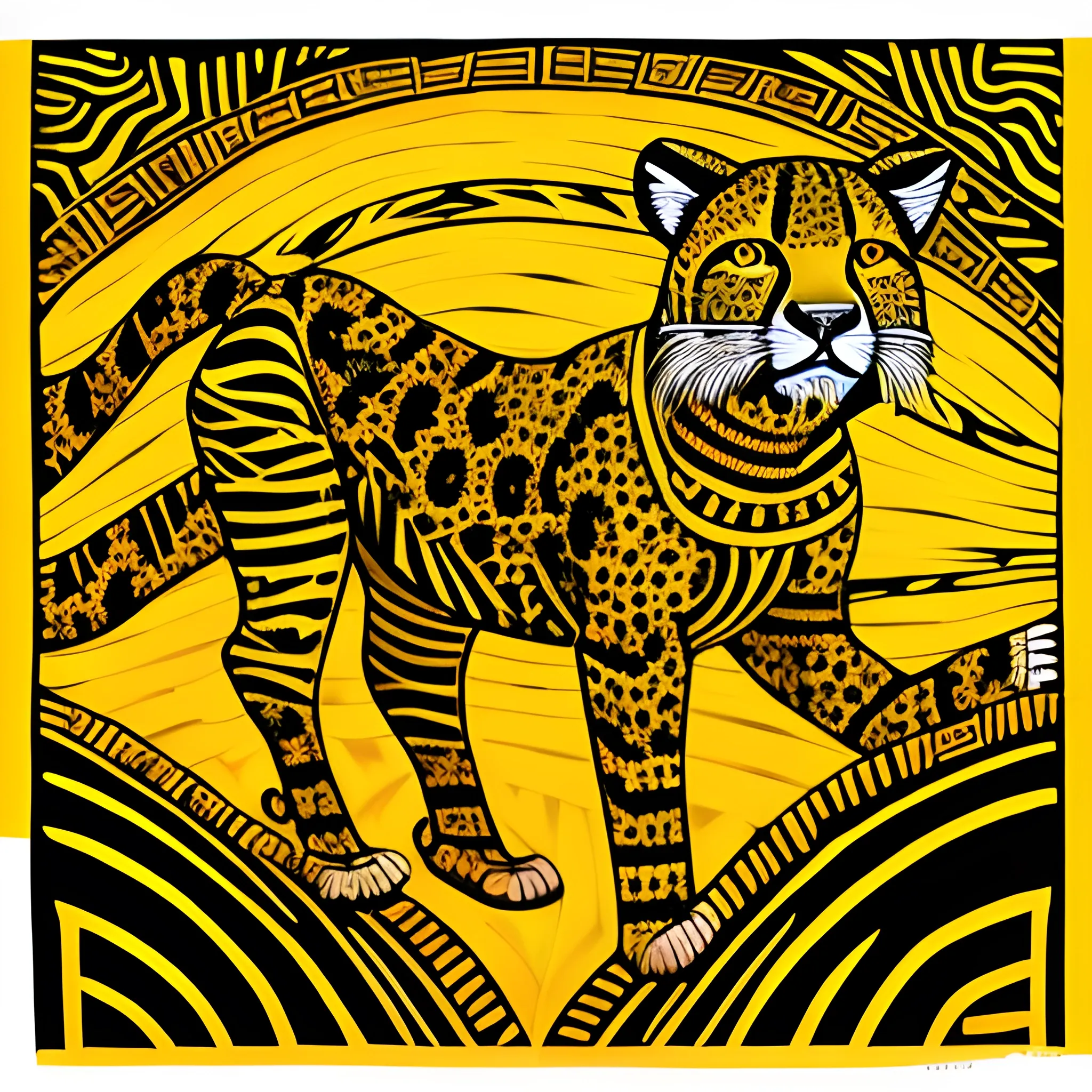 Aboriginal art of a swift cheetah, in the style of sand painting, vibrant yellows and blacks,
with detailed patterns and symbols, against a backdrop of a sunlit grassland --s 900 --ar 2:3