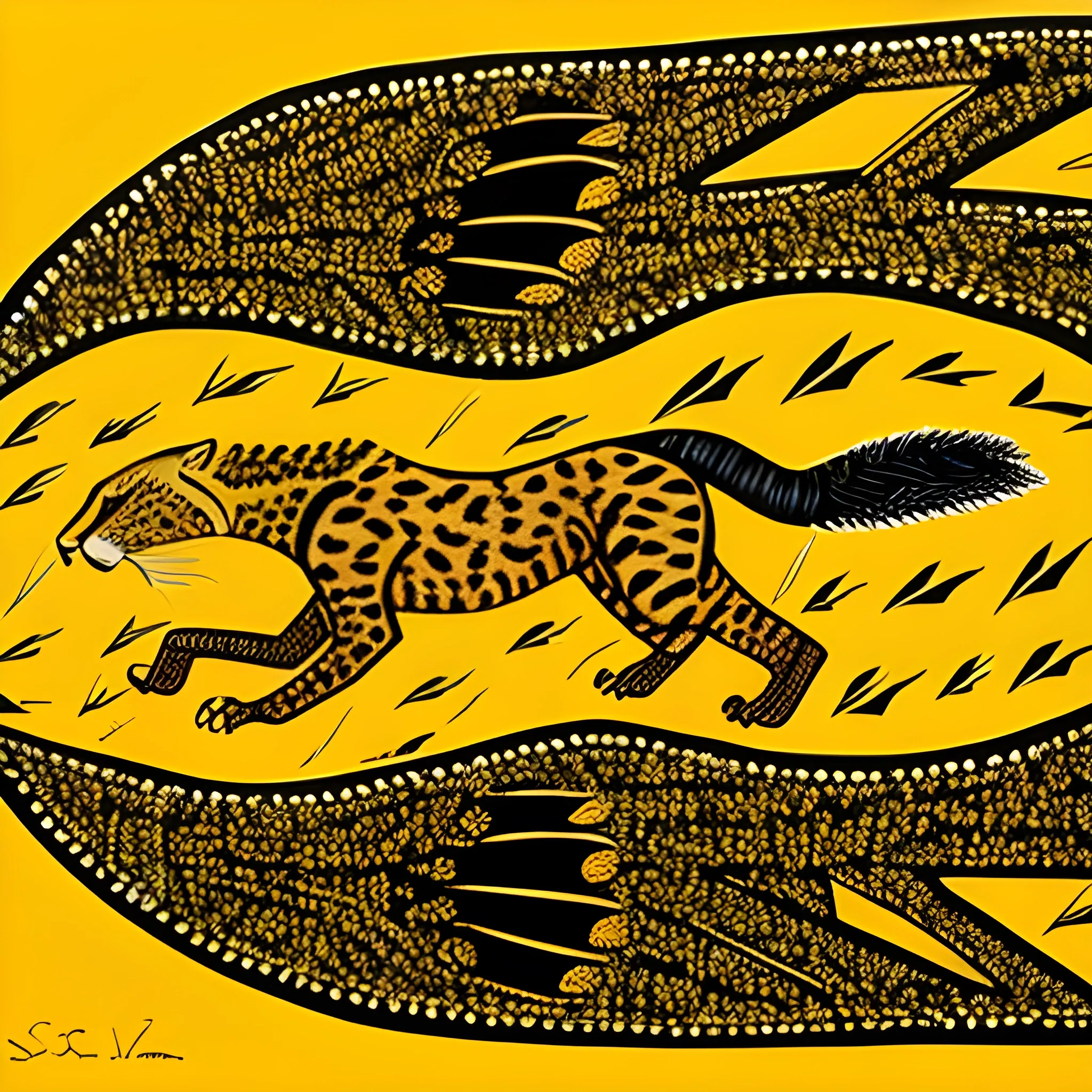  Aboriginal art of a swift cheetah, in the style of sand painting, vibrant yellows and blacks,
with detailed patterns and symbols, against a backdrop of a sunlit grassland --s 900 --ar 2:3  --seed 2042488054