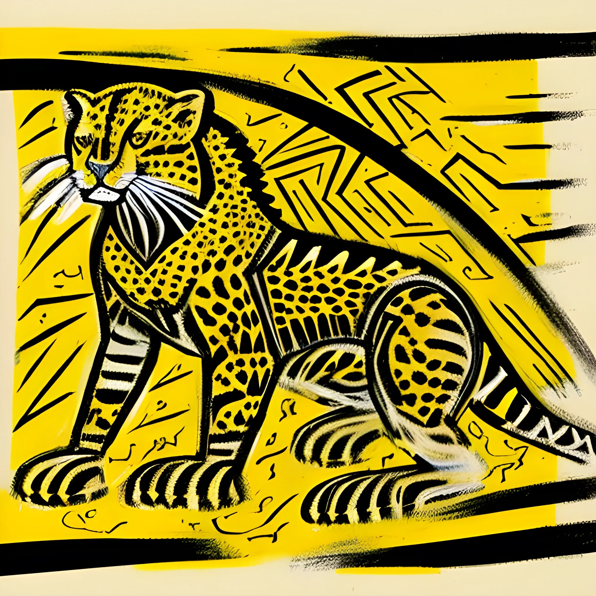  Aboriginal art of a swift cheetah, in the style of sand painting, vibrant yellows and blacks,
with detailed patterns and symbols, against a backdrop of a sunlit grassland --s 900 --ar 2:3  --seed 2042488054  , Pencil Sketch