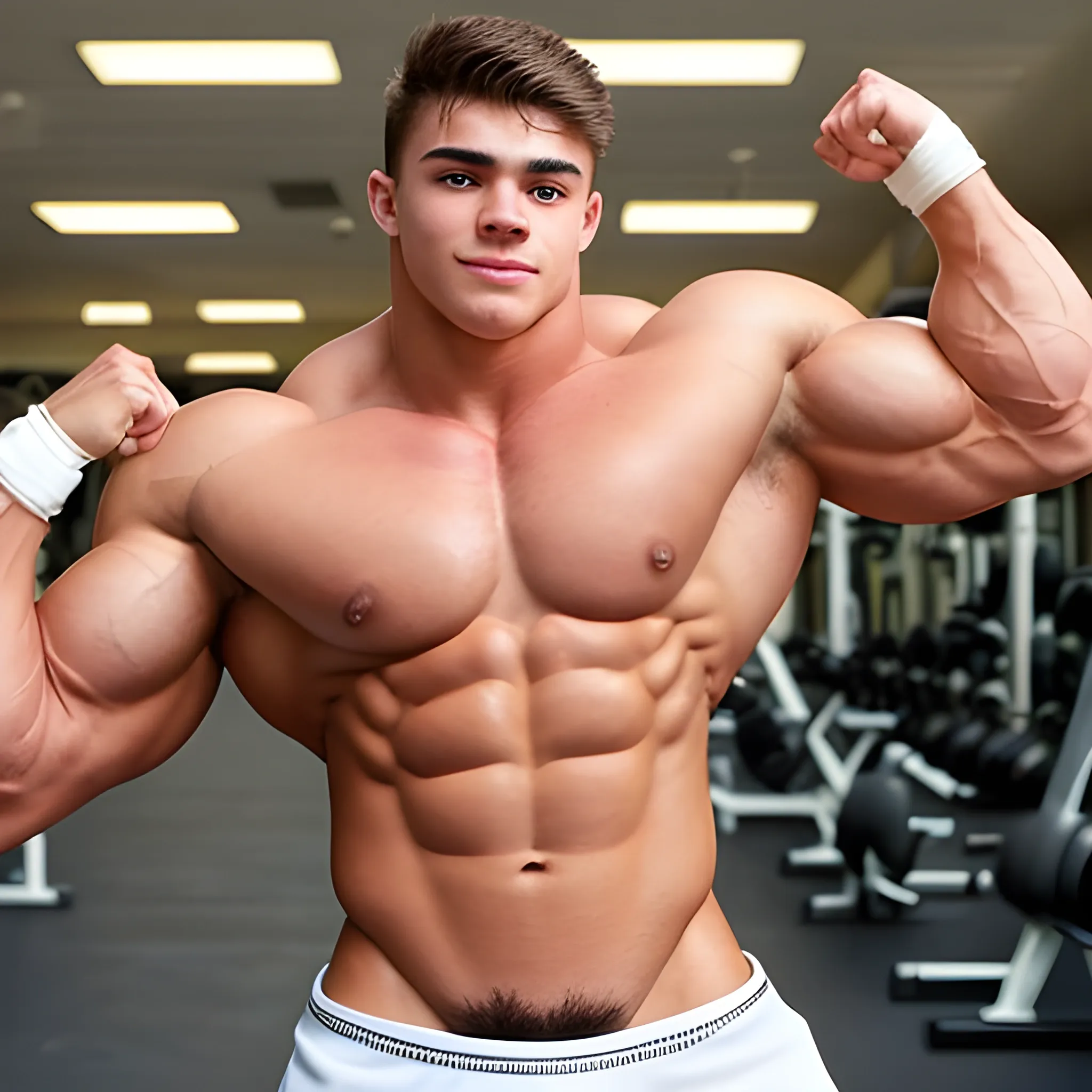 a muscular and defined 20 year old bodybuilder with a handsome face wearing a white rugby jockstrap flexing in the gym