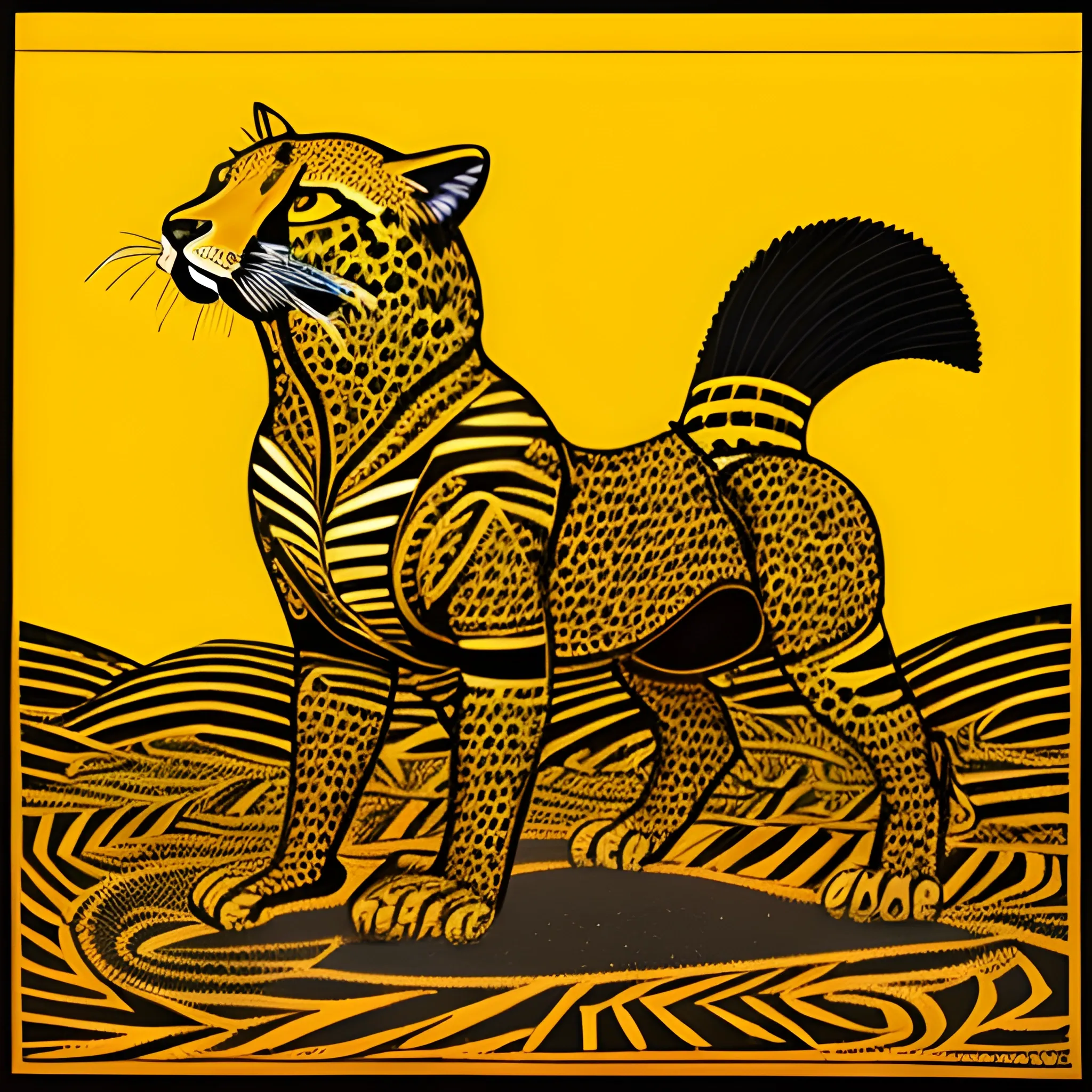  Aboriginal art of a swift cheetah, in the style of sand painting, vibrant yellows and blacks,
with detailed patterns and symbols, against a backdrop of a sunlit grassland --s 900 --ar 2:4  --seed 2042488054  , 3D