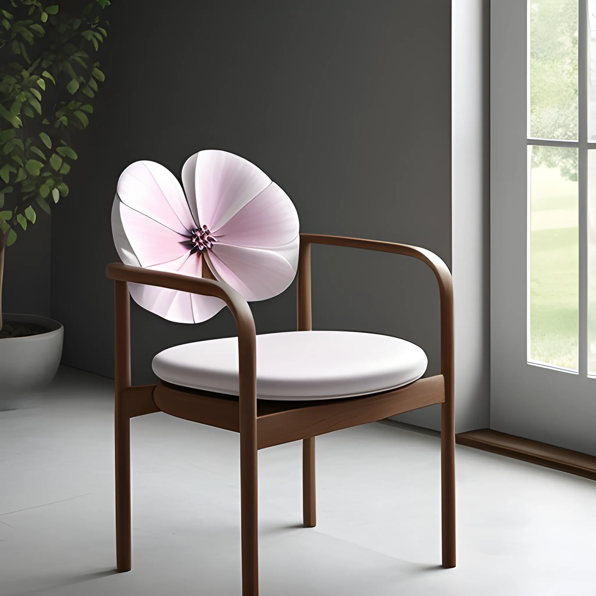 Create a linear drawing that is a fusion of an armchair and a four-leaf clover, with the backrest being the top petal, the armrests the petals on the sides, the seat being the petal of the seat, and the legs joining at the stem in front.