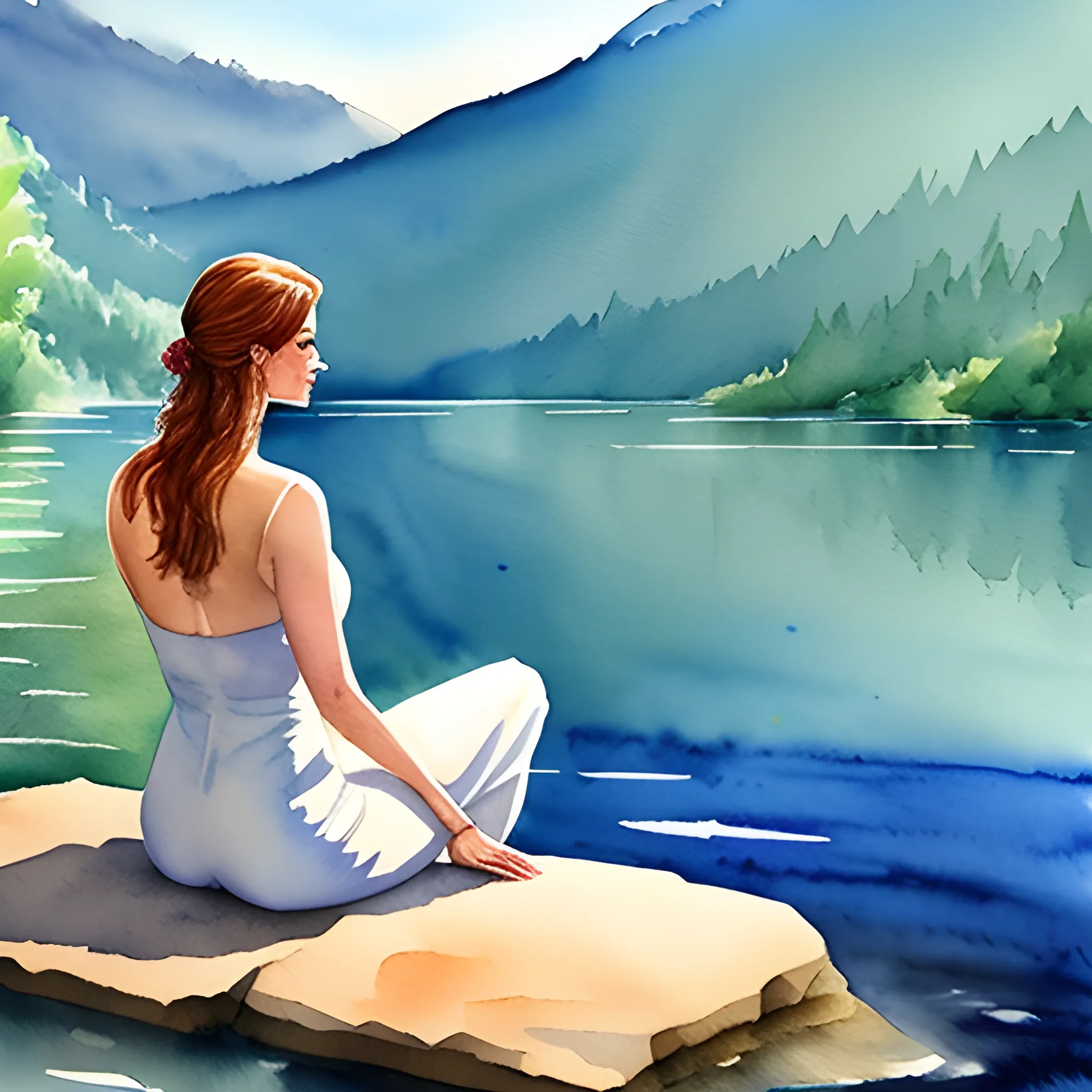 girl, high definition watercolor painting of flowers by the lake, dramatic lighting, peaceful, girl sitting, Water Color