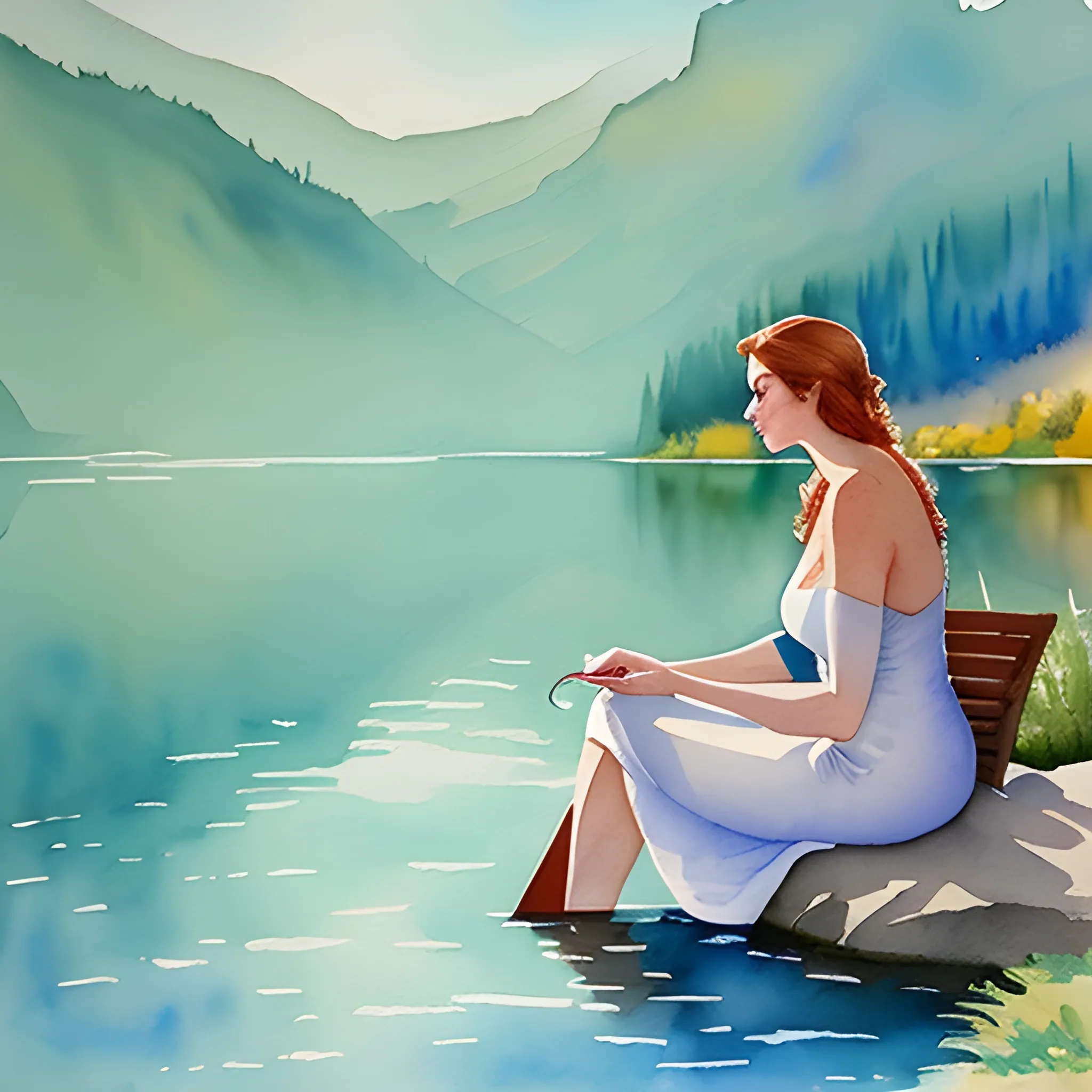 girl, high definition watercolor painting of flowers by the lake, dramatic lighting, peaceful, girl sitting, Water Color