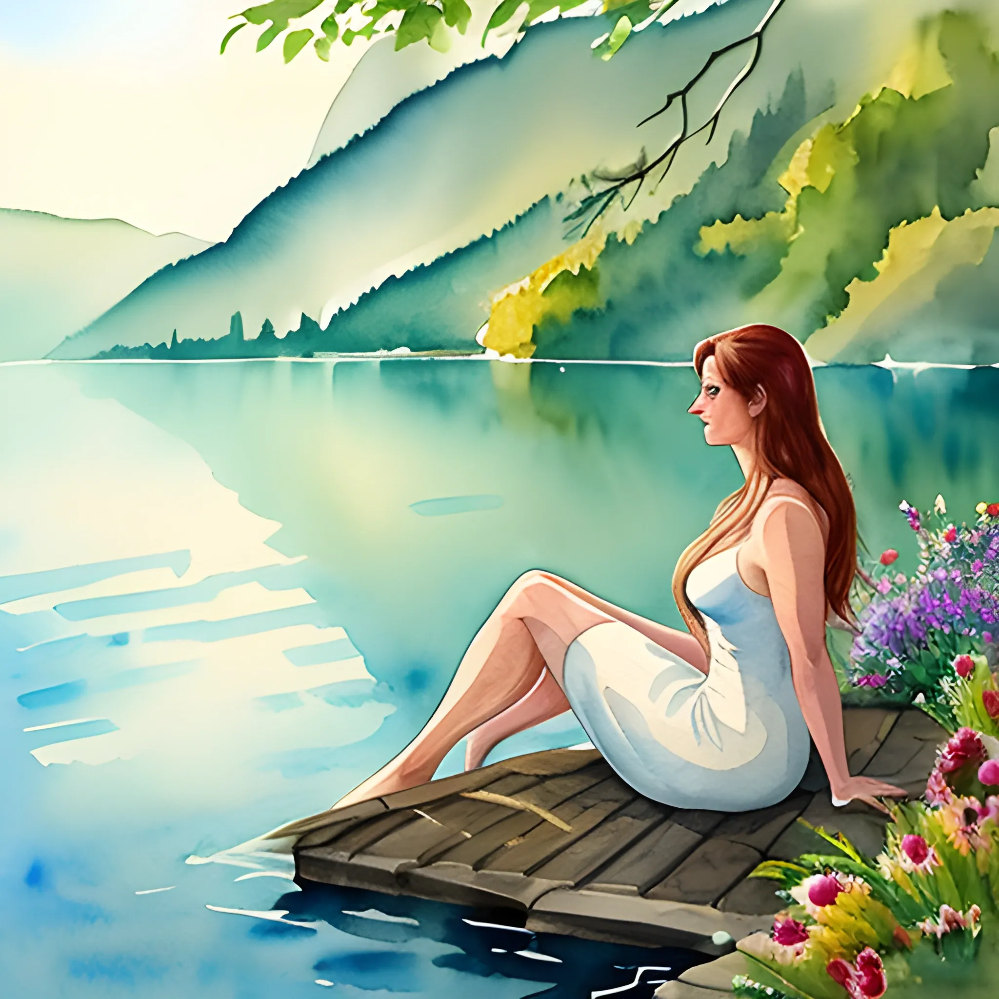 girl, high definition watercolor painting of flowers by the lake, dramatic lighting, peaceful, girl sitting, Water Color