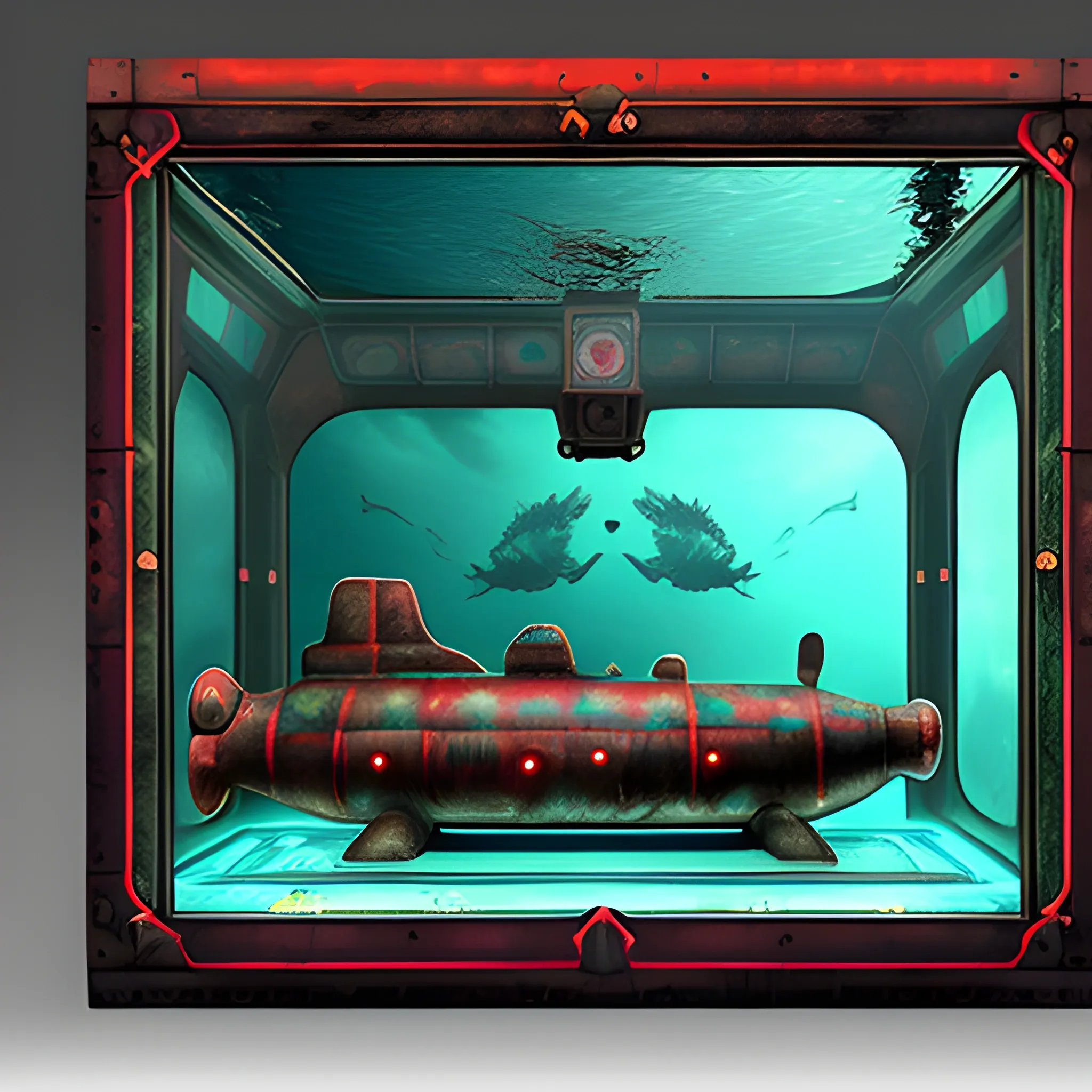 Ancient Chinese submarine under deep underwater, female diver swim near window, its secrets revealed through a holographic projection. Use Imperial Red for the weathered texture of the artifact and Jade Green for the ethereal glow of the hologram