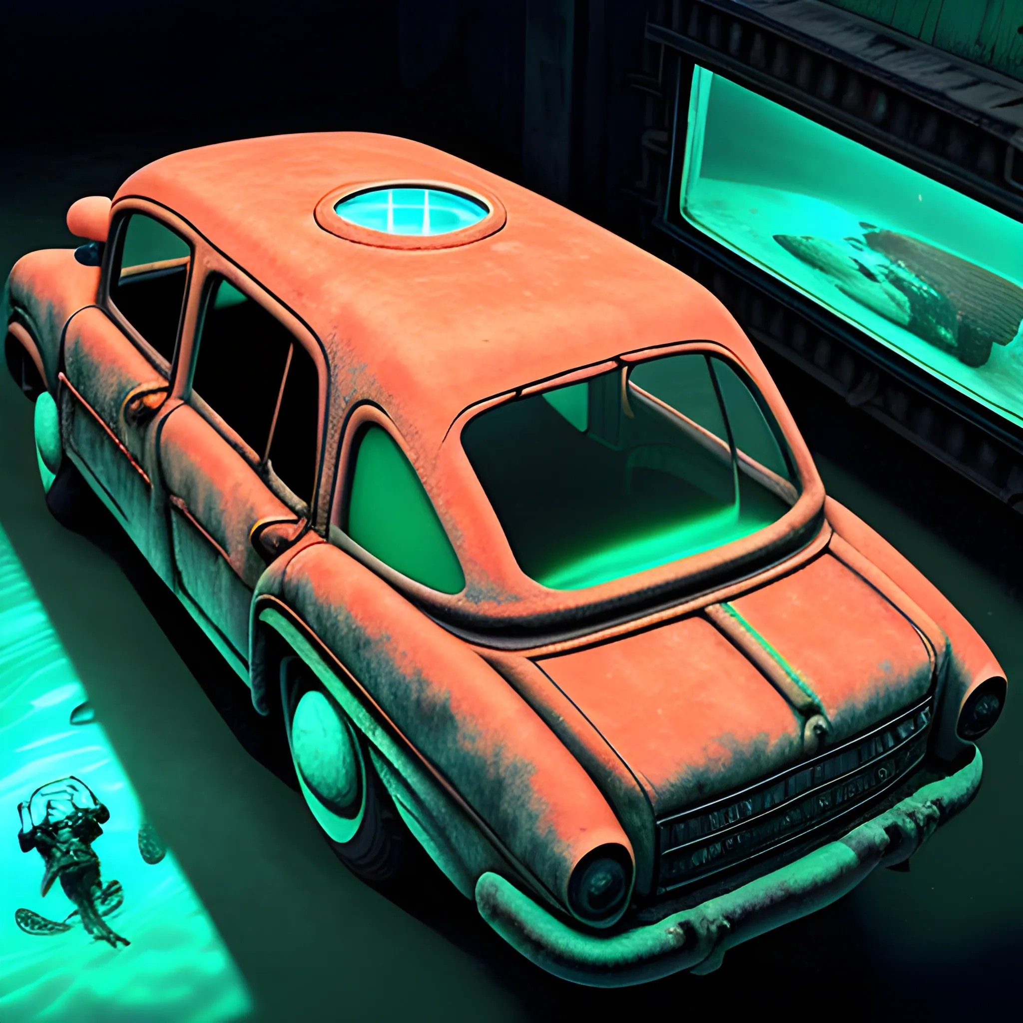 Ancient Artifact car, (high angle view:1.2), in to deep sea underwater, sexy female diver swim near window, its secrets revealed through a holographic projection. Use Imperial Red for the weathered texture of the artifact and Jade Green for the ethereal glow of the hologram