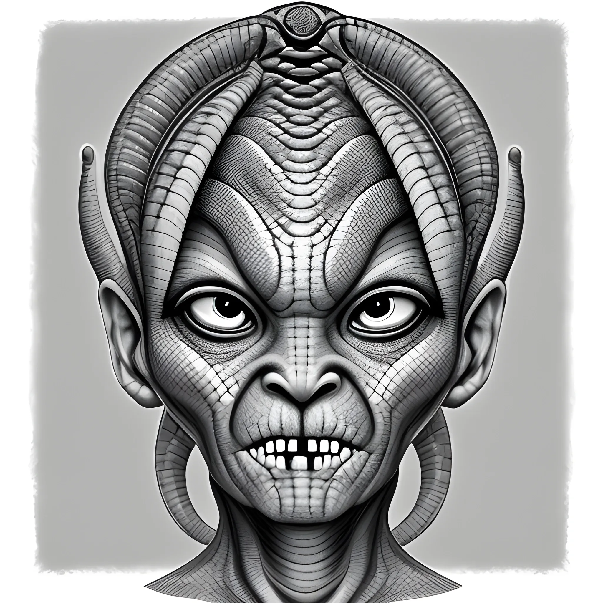 black and white drawings of alien potrait,with snake like creatures on head and face resembling aggrivated folds and rough texture teeth protruding from head and eyes like cat.
