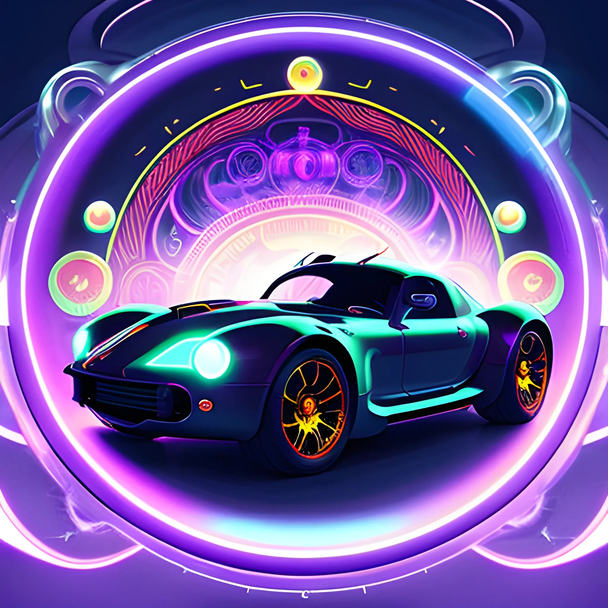 Neo-Futurism style, a futuristic car dashboard with a prominent, gleaming orb that pulses with an otherworldly energy, glowing text "Om" with magical energy, surrounded by an ethereal cobra. Style of image: medieval fantasy