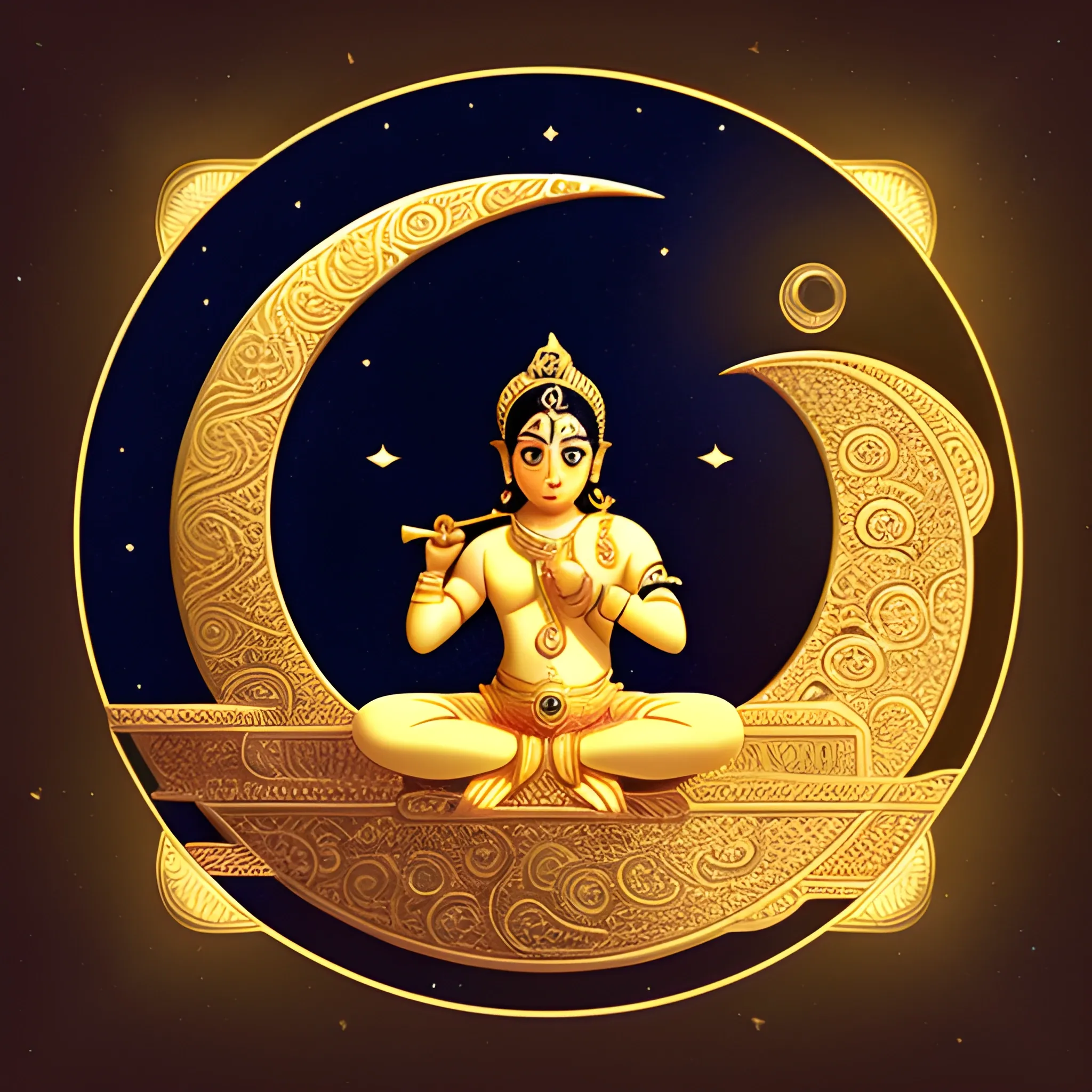 Generate an image depicting a gilded crescent moon, while its bright center symbolizes the resilient spirit within her. Nestled within the moon's curve is a miniature screen, Lord Krishna sitting on edge of moon and playing flute. The moon is suspended against a backdrop of a starry night sky, 