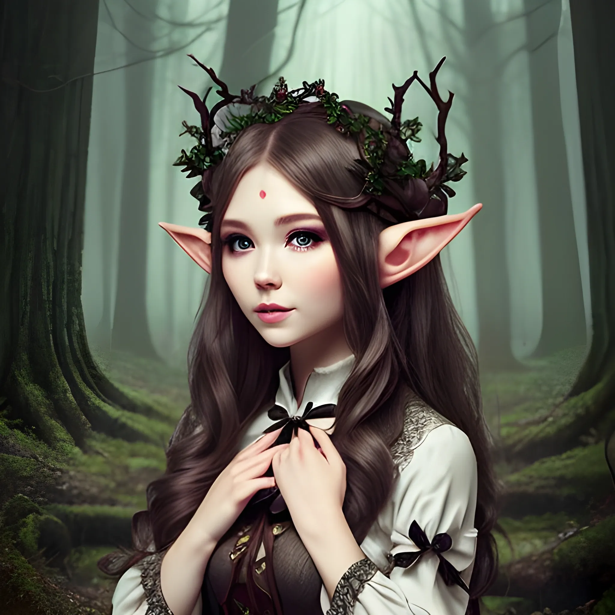 pretty elf, dark forest, pretty face, with elegant bow, gentle


