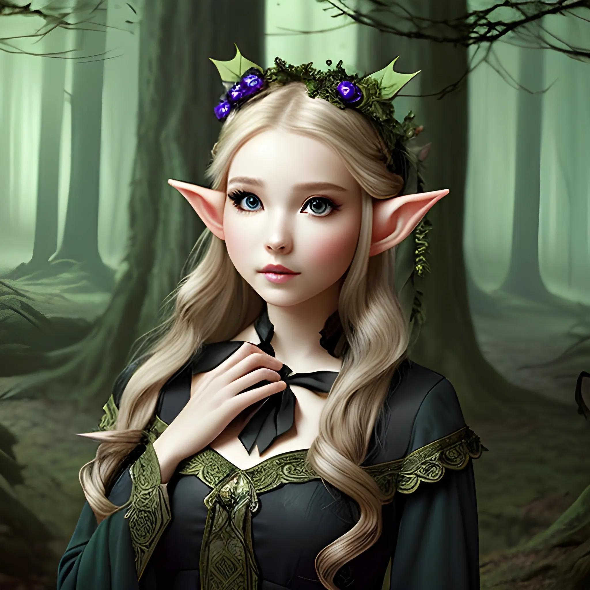 pretty elf, dark forest, pretty face, with elegant bow, gentle


