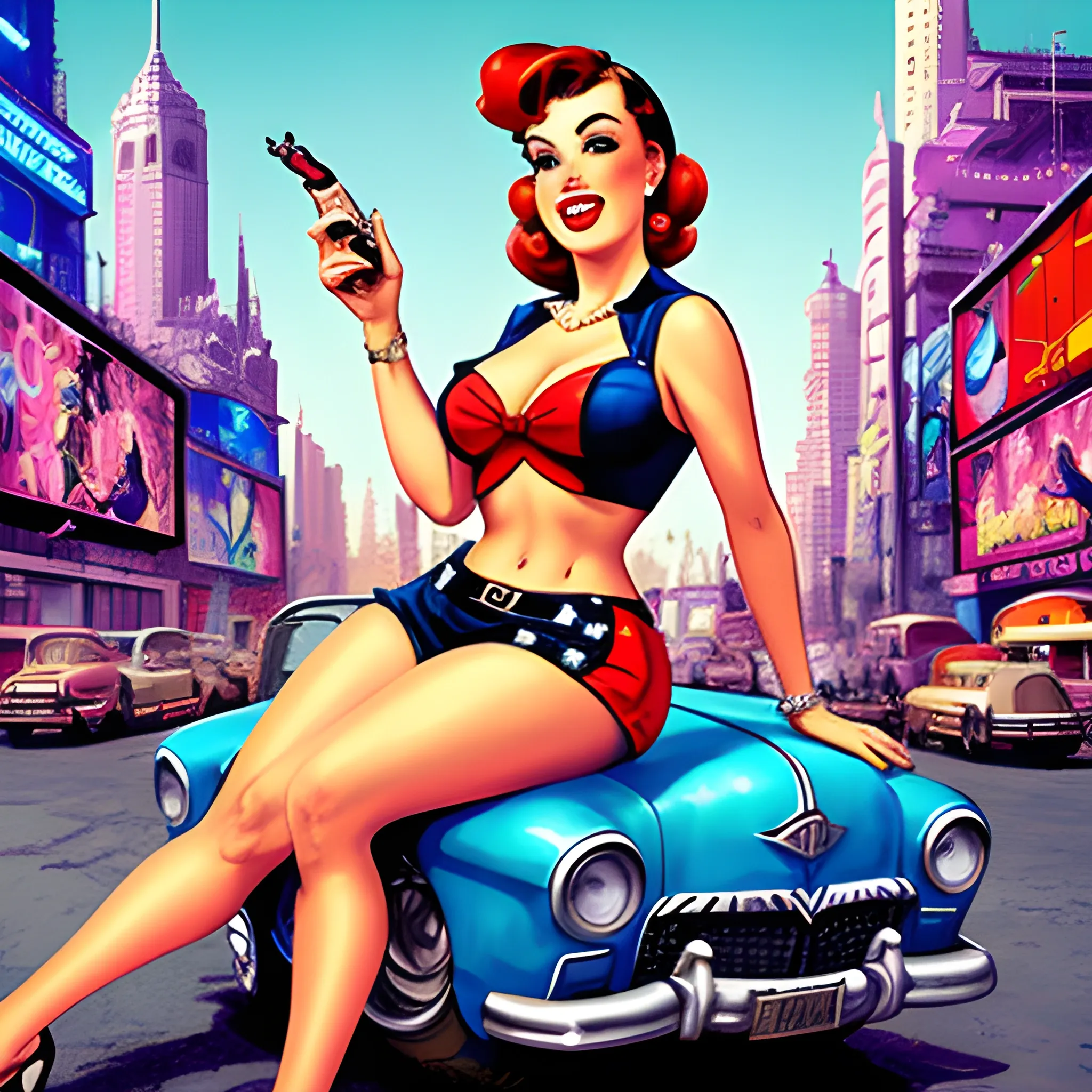 chica pin up en una ciudad futuristica