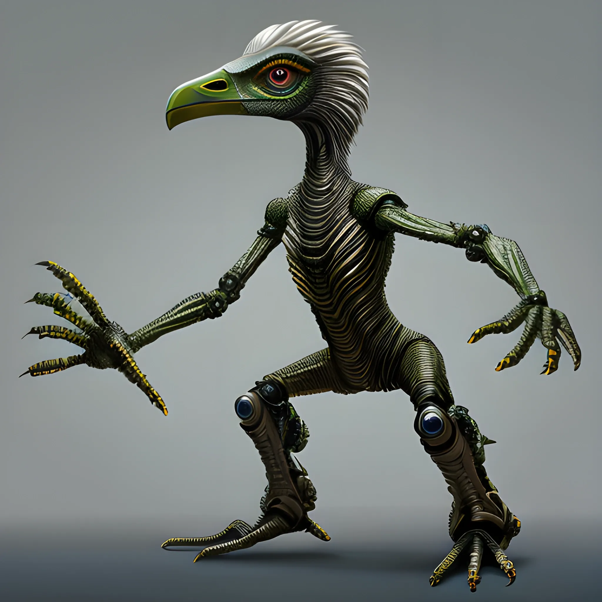 sci fi alien alongated fusion of legs like emu bird and body as cangaru,face as scaled reptile human face with reptile eyes enlarged size,hands with metalic gards and ugly look with claws and futuristic sci fi weapons carring all over body,