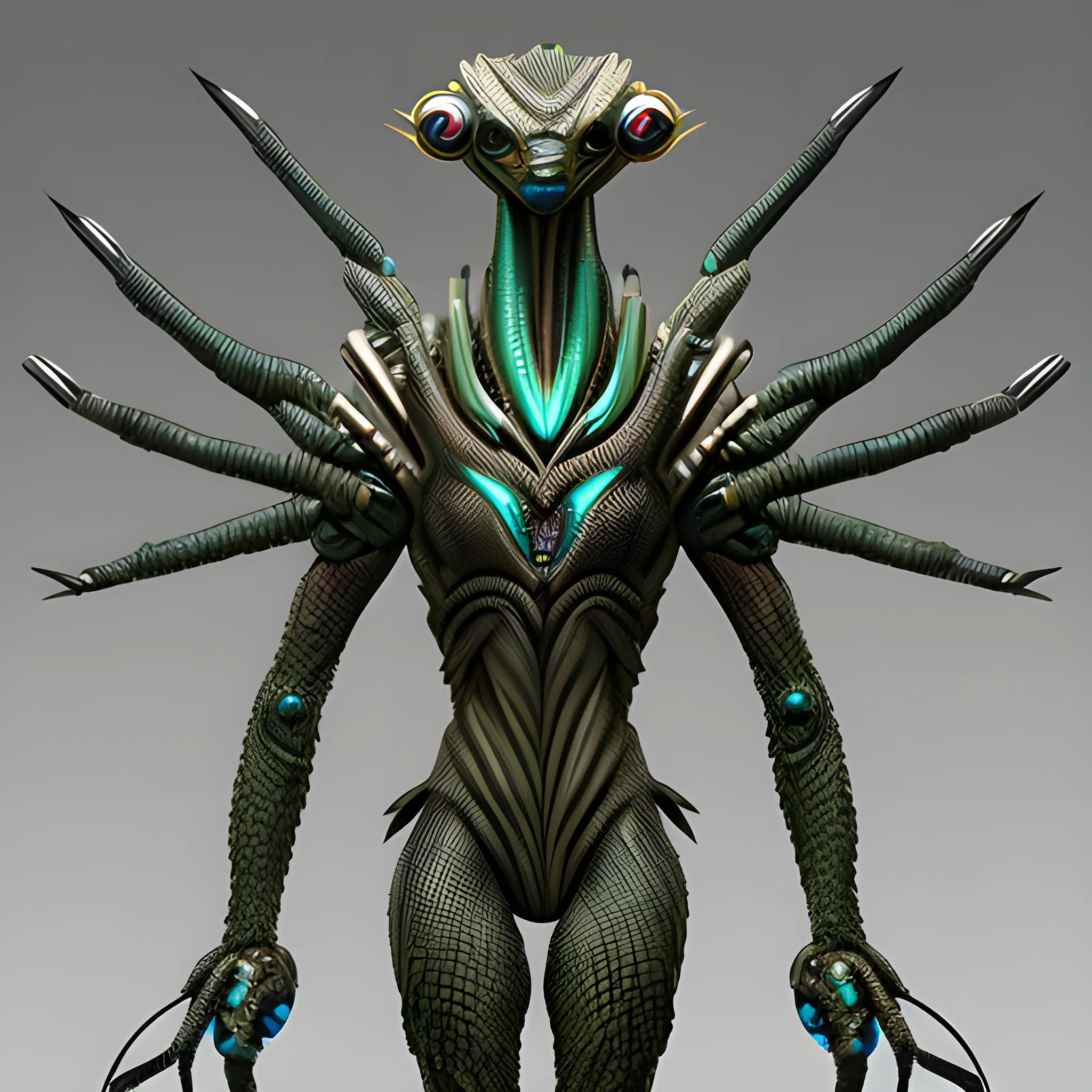 sci fi alien alongated fusion of legs like emu bird and body as cangaru,human face distorted with scales, reptile eyes enlarged size,hands with metalic gards and ugly look with claws and futuristic sci fi weapons carring all over body,