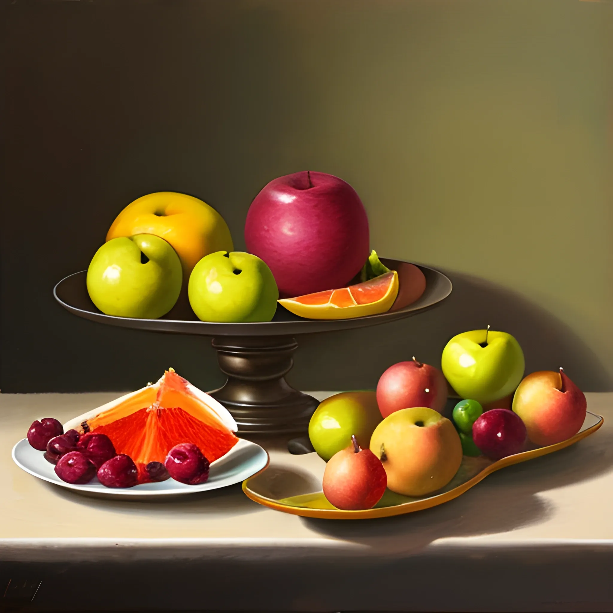 A COUPLE OF FRUITS A TABLE AND SOME PLATES, Oil Painting