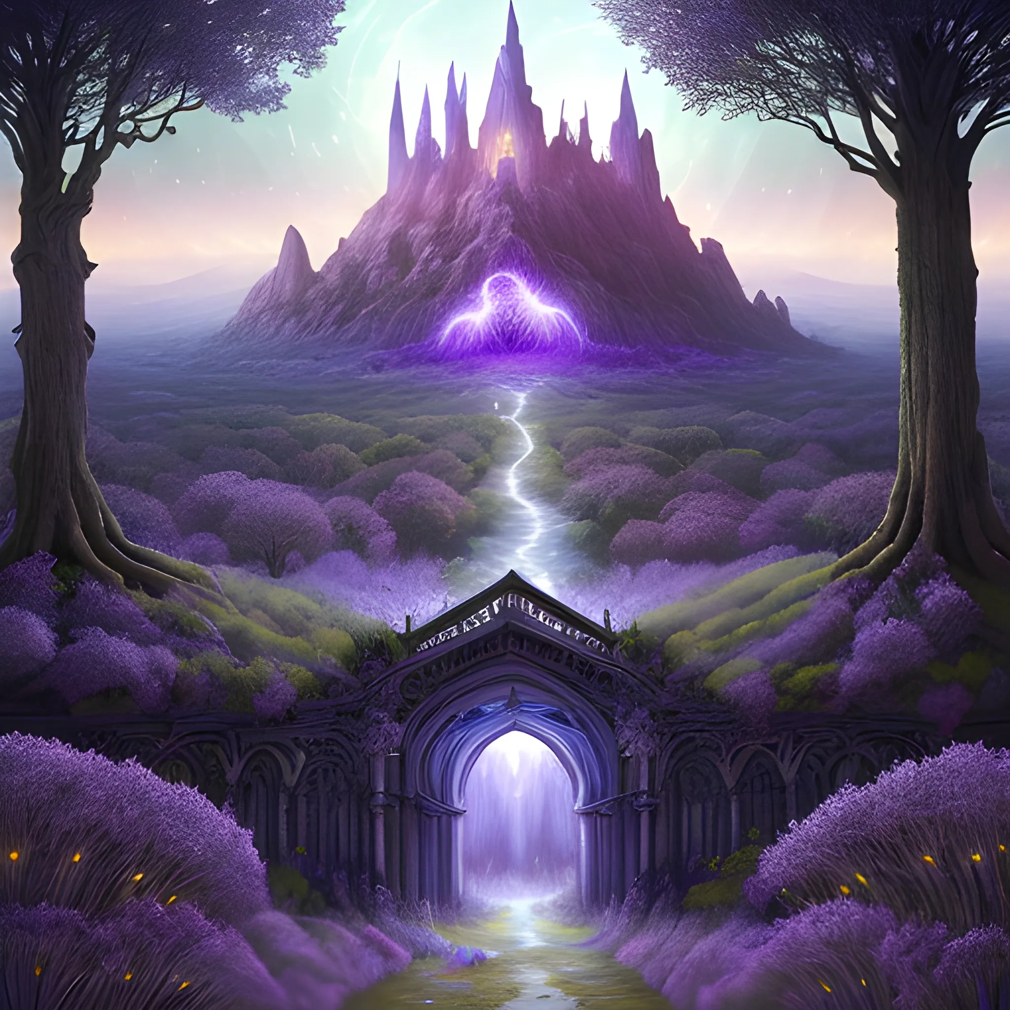 A beautiful digital landscape painting of a detailed gothic fantasy with fireflies and roots, a dark tree and flowers by Benoit B. A distant dimensional portal, with blue and violet colors.mandelbrot, steven belledin, martin johnson heade, lee madgwick, caspar david friedrich and david rios ferreira. 8k resolution, trend in artstation concept art digital illustration, hyperrealistc, Trippy