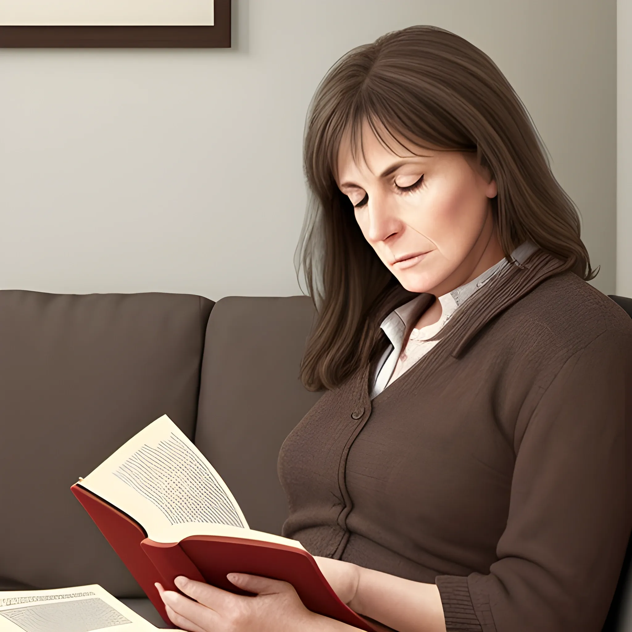 realistic brunette middle-aged woman reading a book.
