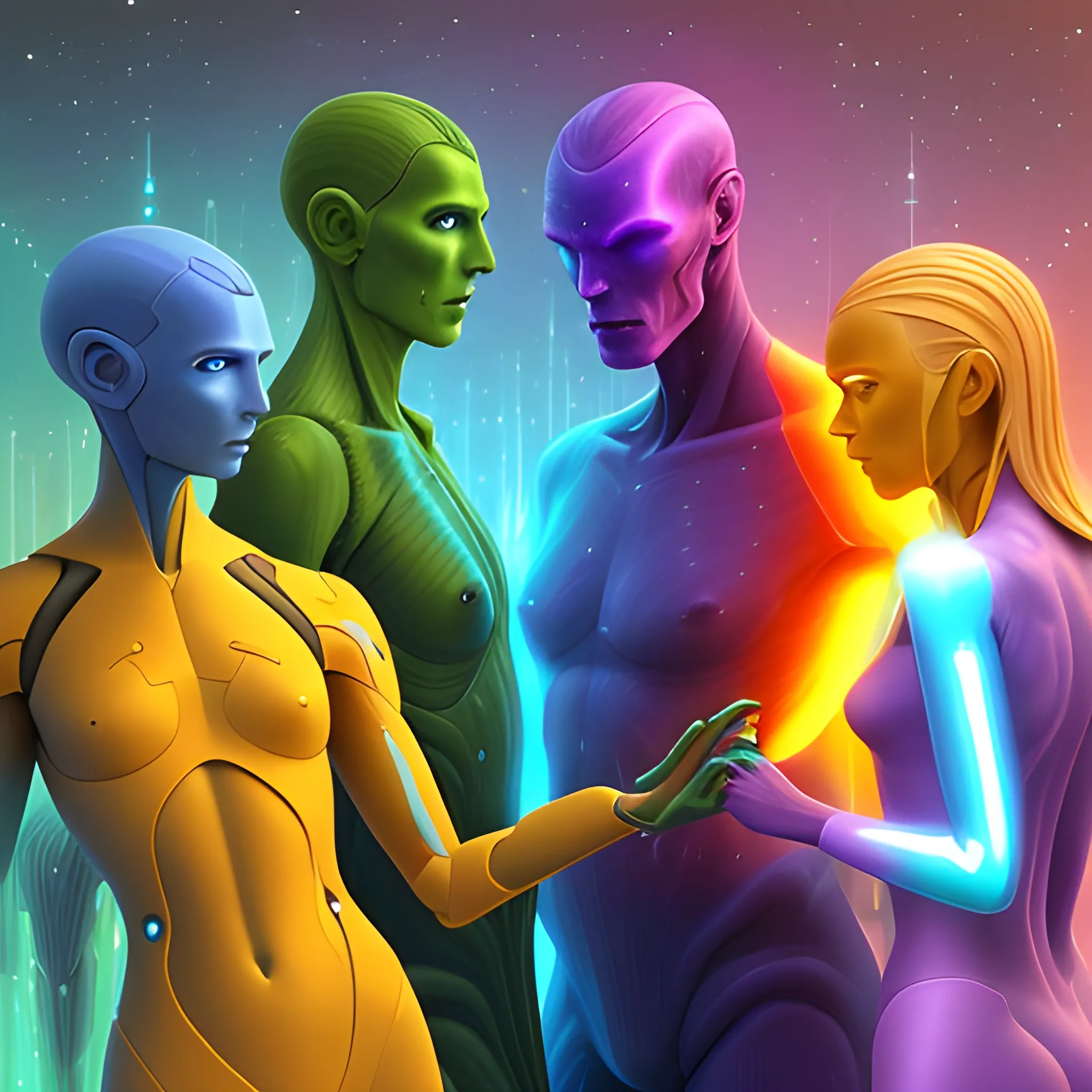 An sci fi futarestic humans acquiring all the physical advances from the rest of the living beings on earth ,display a form of advanced human form.display it very colourful.
