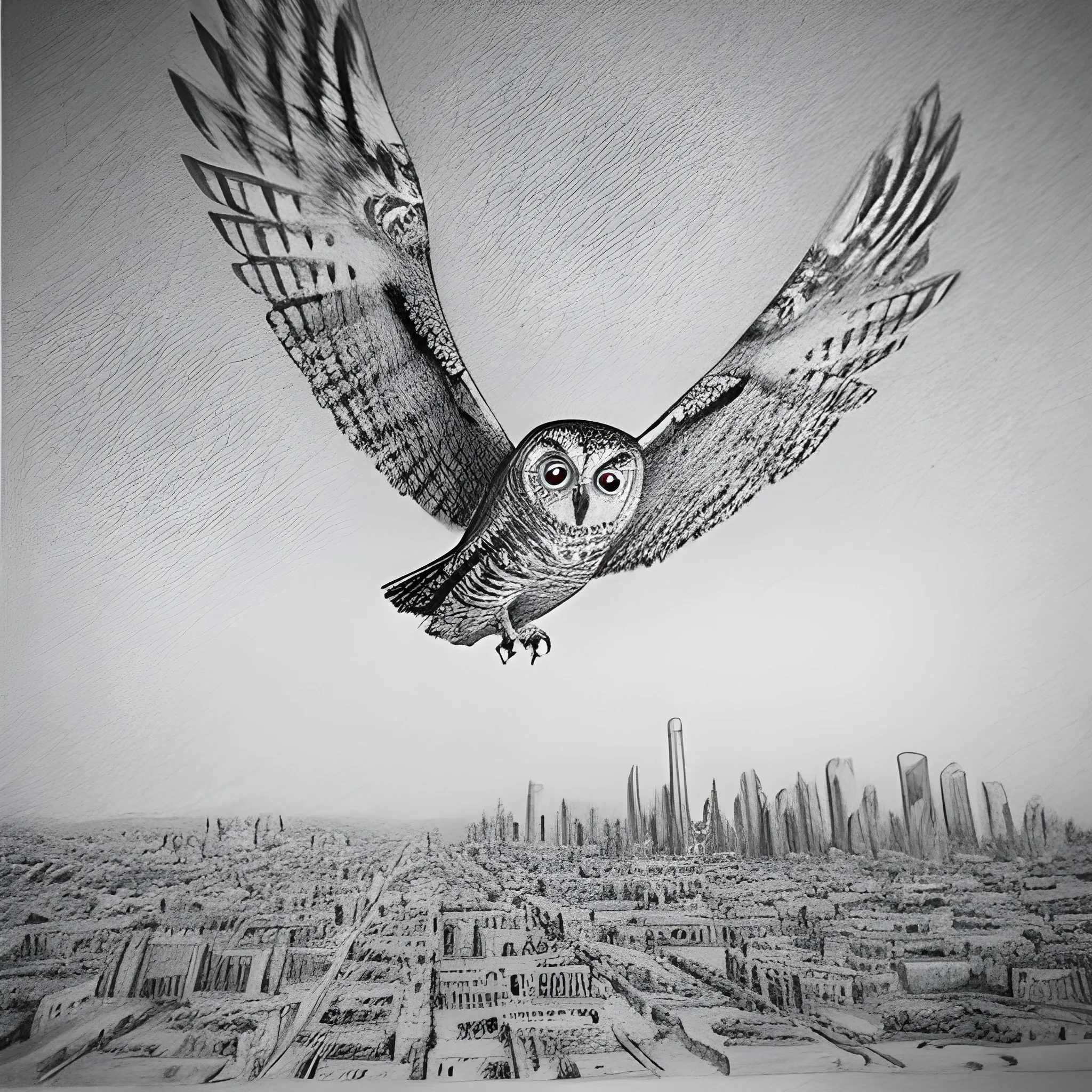 Owl flying over a city in the middle of the desert. , Pencil Sketch