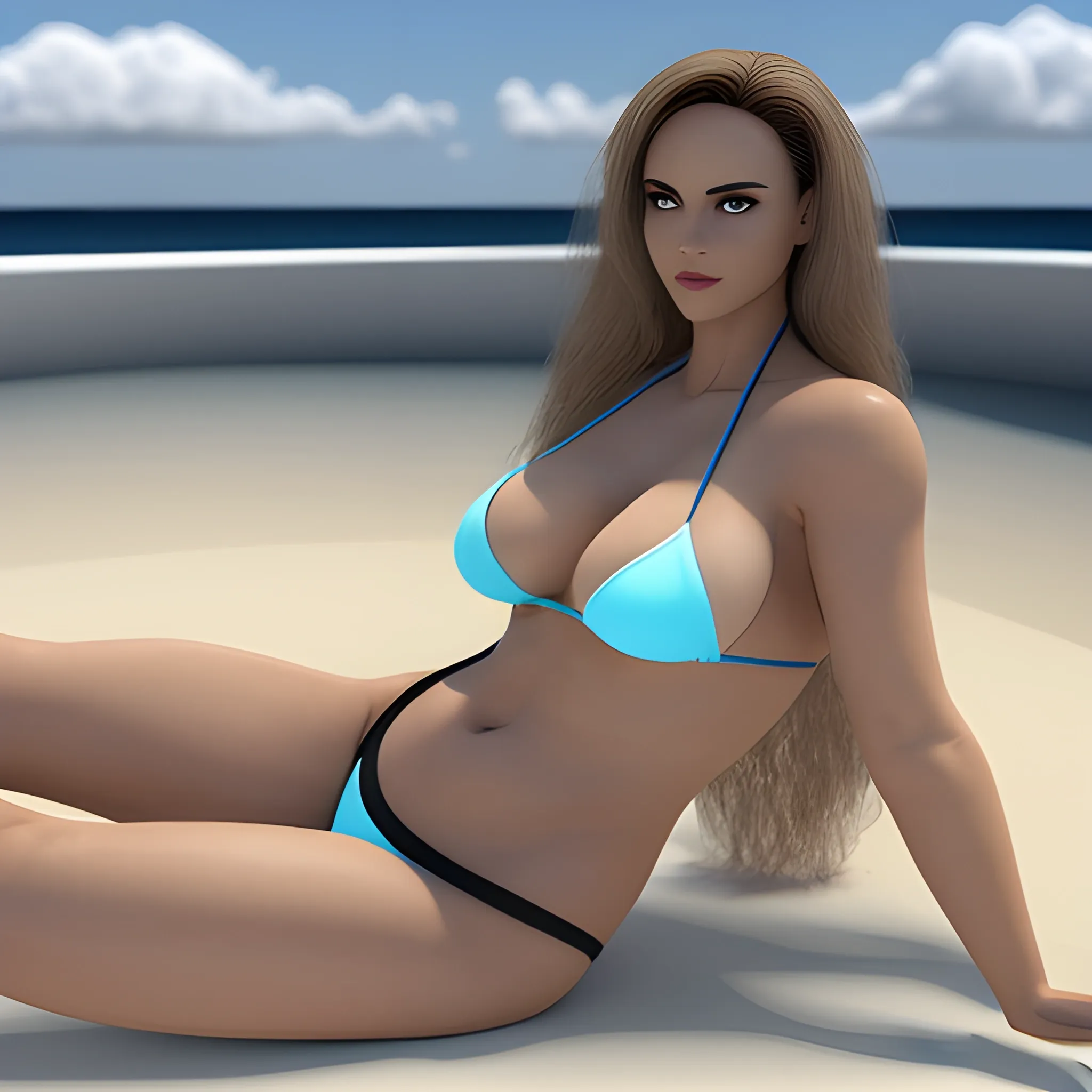 Mujer, curvilínea, con piel blanca. en un bikini, de lujo, de pie, 3D