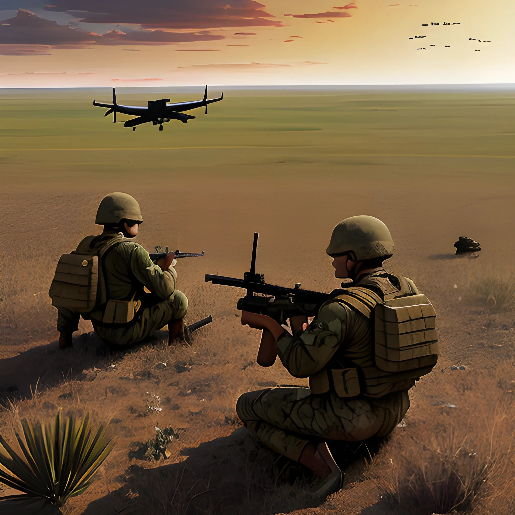 Cuban soldiers, in combat position, with their AK-47 rifles, guard the extensive steppe, while unmanned aircraft fly over the horizon. realistic, well detailed, color correction