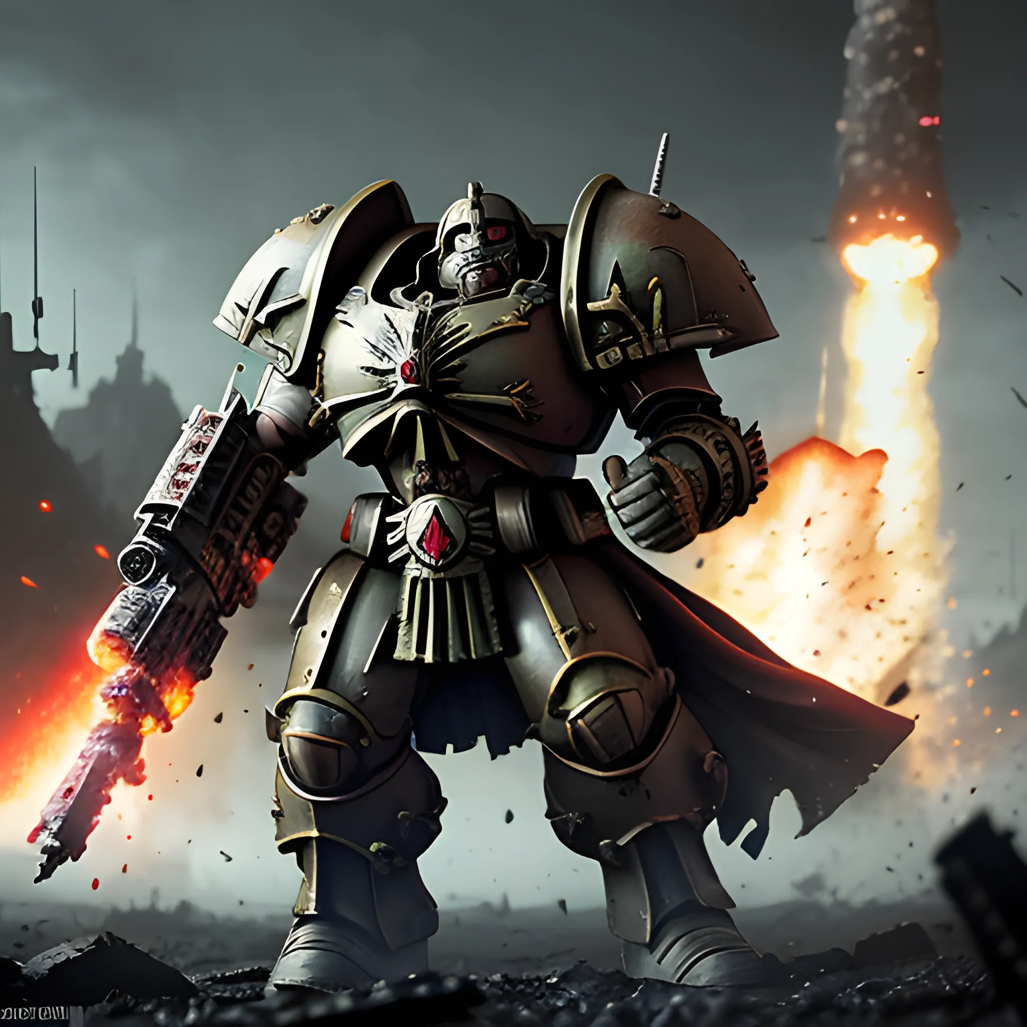 Imagine an intense and dramatic war scene in the style of Warhammer 40K, captured with a 50mm lens for a realistic perspective. The scene unfolds in a futuristic landscape with a shallow depth of field, focusing on a bald, 45-year-old soldier in the foreground, with the battle-ravaged background slightly blurred. The lighting is dramatic, with pronounced shadows highlighting the details of the heavy, Warhammer 40K-style armors and high-tech weapons. Explosions and energy beams in the background create a chaotic yet heroic atmosphere. This hyperrealistic 16:9 image mimics the qualities of a high-quality photograph, complete with a slight grainy texture to enhance its photographic realism.”