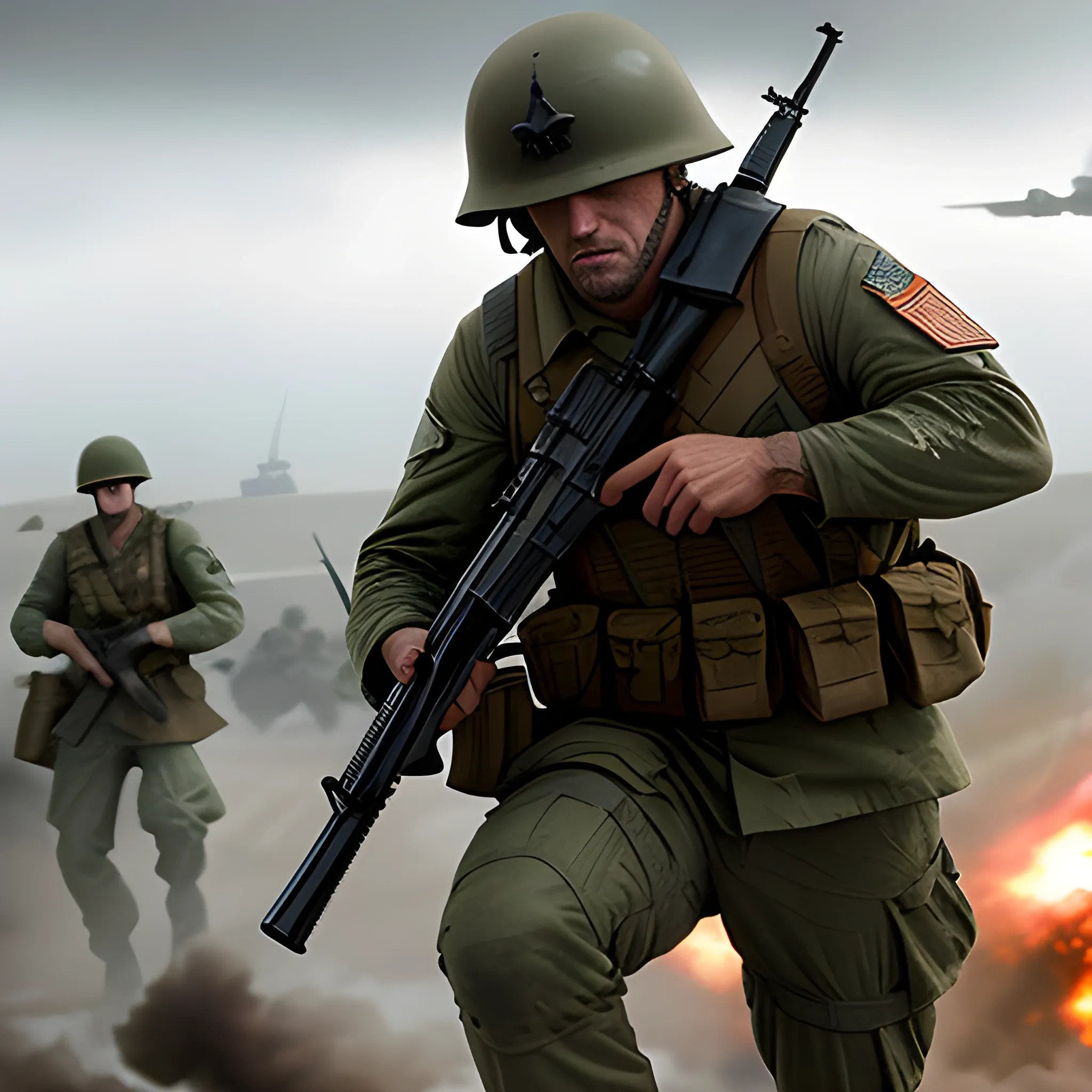 Imagine an intense and dramatic in style of Saving Private Ryan war scene, captured with a 50mm lens for a realistic perspective. The scene takes place in a plain landscape with a shallow depth of field, focusing on three young soldiers in the foreground, with the battle-ravaged background slightly blurred. The lighting is spectacular, with deep shadows highlighting the details of their olive green Cuban-style uniforms and AK-47 weapons. The explosions and energy rays in the background create a chaotic but heroic atmosphere. This hyper-realistic 16:9 image mimics the qualities of a high-quality photograph, complete with a slight grainy texture to enhance its photorealism.