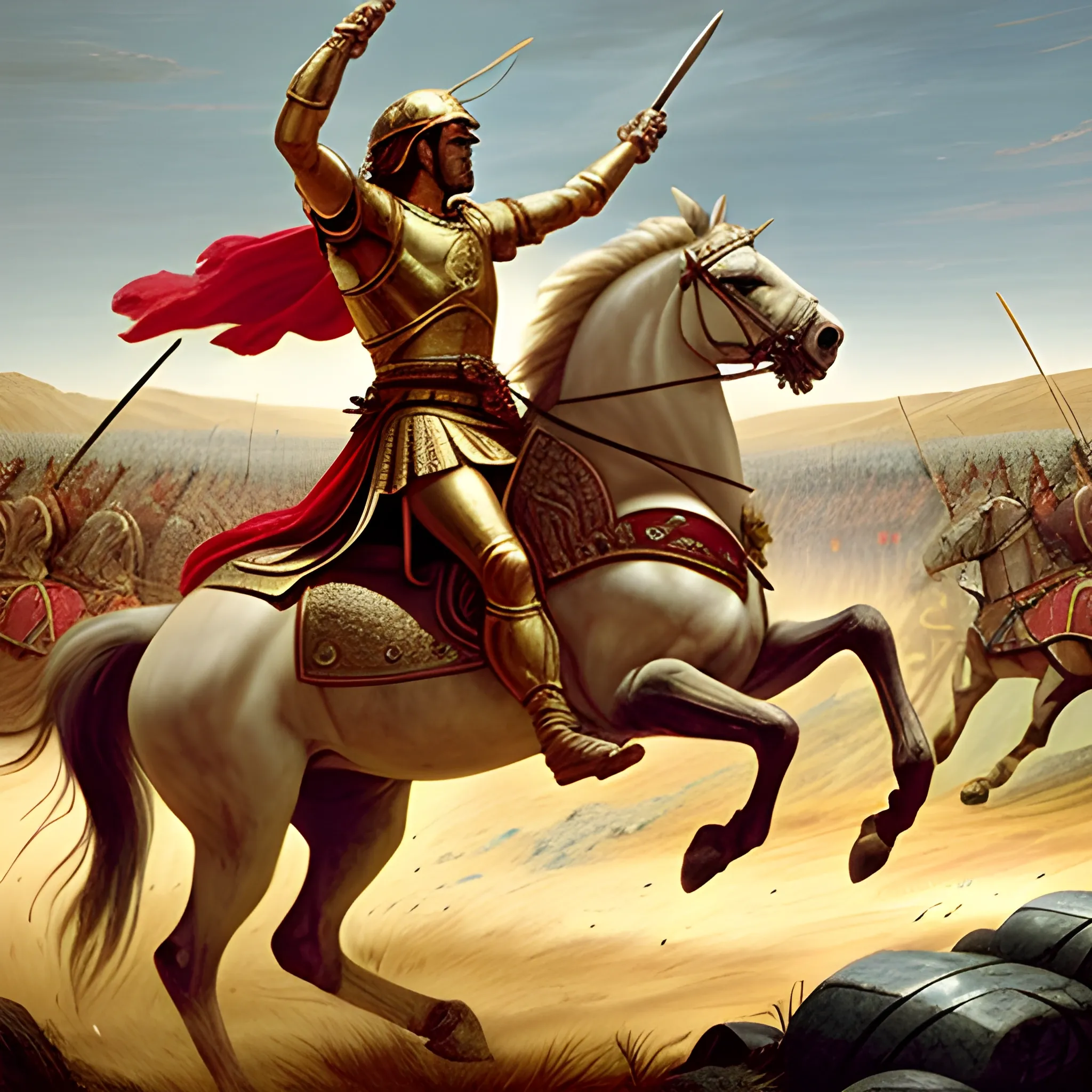 "Illustrate the Battle of Gaugamela, where Alexander the Great definitively defeats Darius III. Alexander, riding his horse Bucephalus, leads a decisive charge at the center of the battlefield, his sword raised as his Macedonian cavalry breaks through the Persian lines. He wears golden armor and a red cloak billowing in the wind. In the background, Darius III, in his royal chariot, watches in desperation as his Persian army crumbles into chaos. The terrain is dusty and vast, with scattered soldiers and war chariots, under a tense sky filled with the dust of battle. The scene captures the final defeat of the Persians and Alexander's triumph." in a realistic style