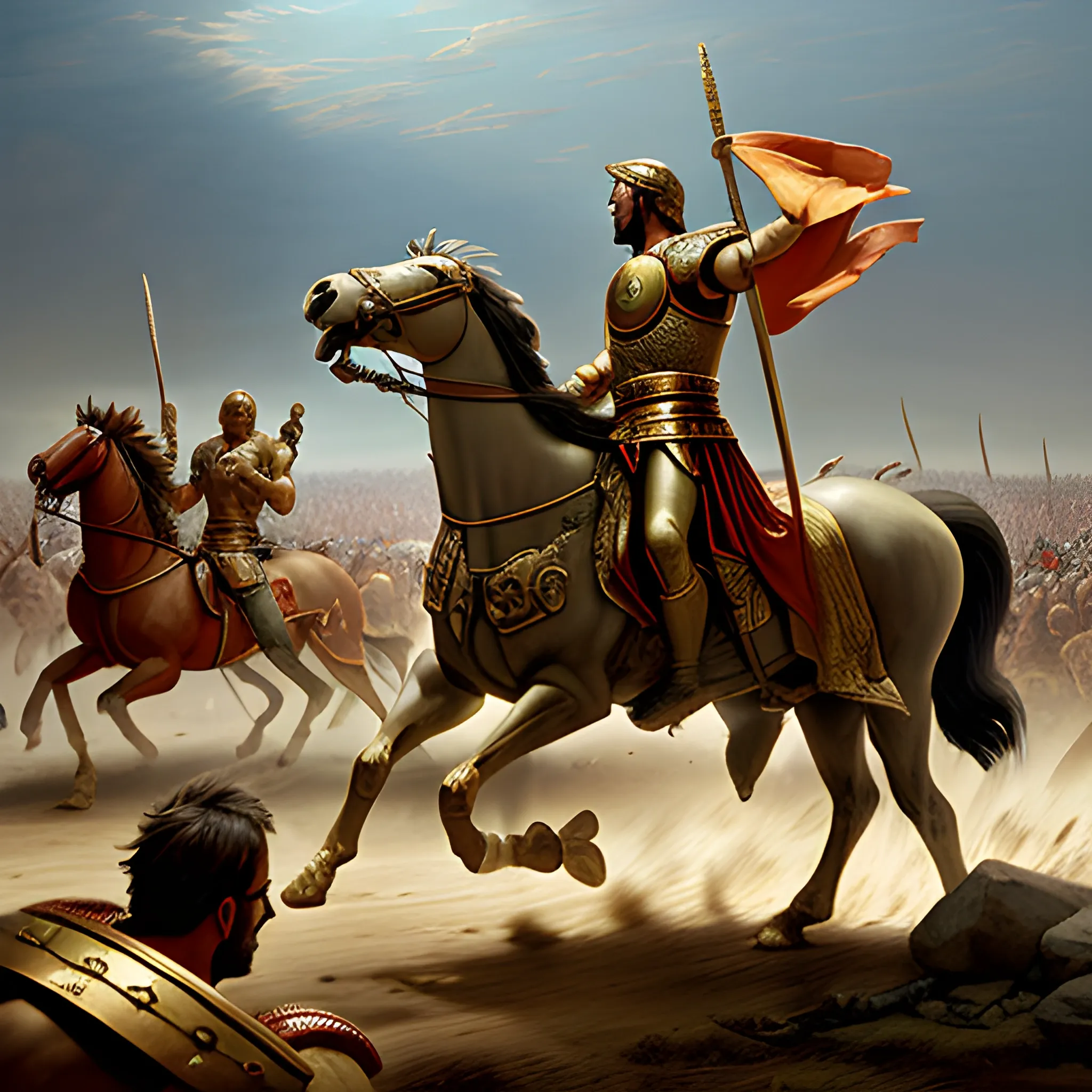 "Illustrate the Battle of Gaugamela, where Alexander the Great definitively defeats Darius III. Alexander, riding his horse Bucephalus, leads a decisive charge at the center of the battlefield, his sword raised as his Macedonian cavalry breaks through the Persian lines. He wears golden armor and a red cloak billowing in the wind. In the background, Darius III, in his royal chariot, watches in desperation as his Persian army crumbles into chaos. The terrain is dusty and vast, with scattered soldiers and war chariots, under a tense sky filled with the dust of battle. The scene captures the final defeat of the Persians and Alexander's triumph.", 3D