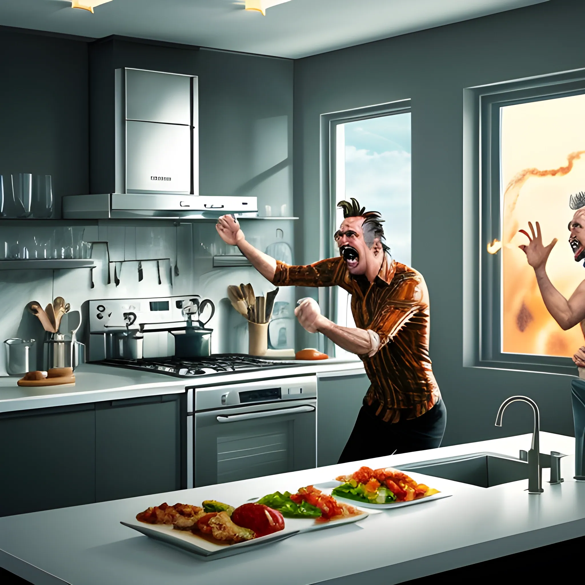 A chaotic kitchen scene featuring a microwave sparking with small lightning bolts coming out, with a foil-wrapped container inside. A panicked 12-year-old boy is running towards the microwave, wide-eyed and looking like he's about to stop a disaster. In the background, you can see his younger sister pointing in shock, and an older man (the dad) shouting, with a surprised expression. The kitchen looks modern but slightly messy, adding to the humor of the situation. Make the style bright and cartoonish with exaggerated expressions to highlight the crazy and funny mood. Emphasize the bolt coming out of the microwave

, 3D