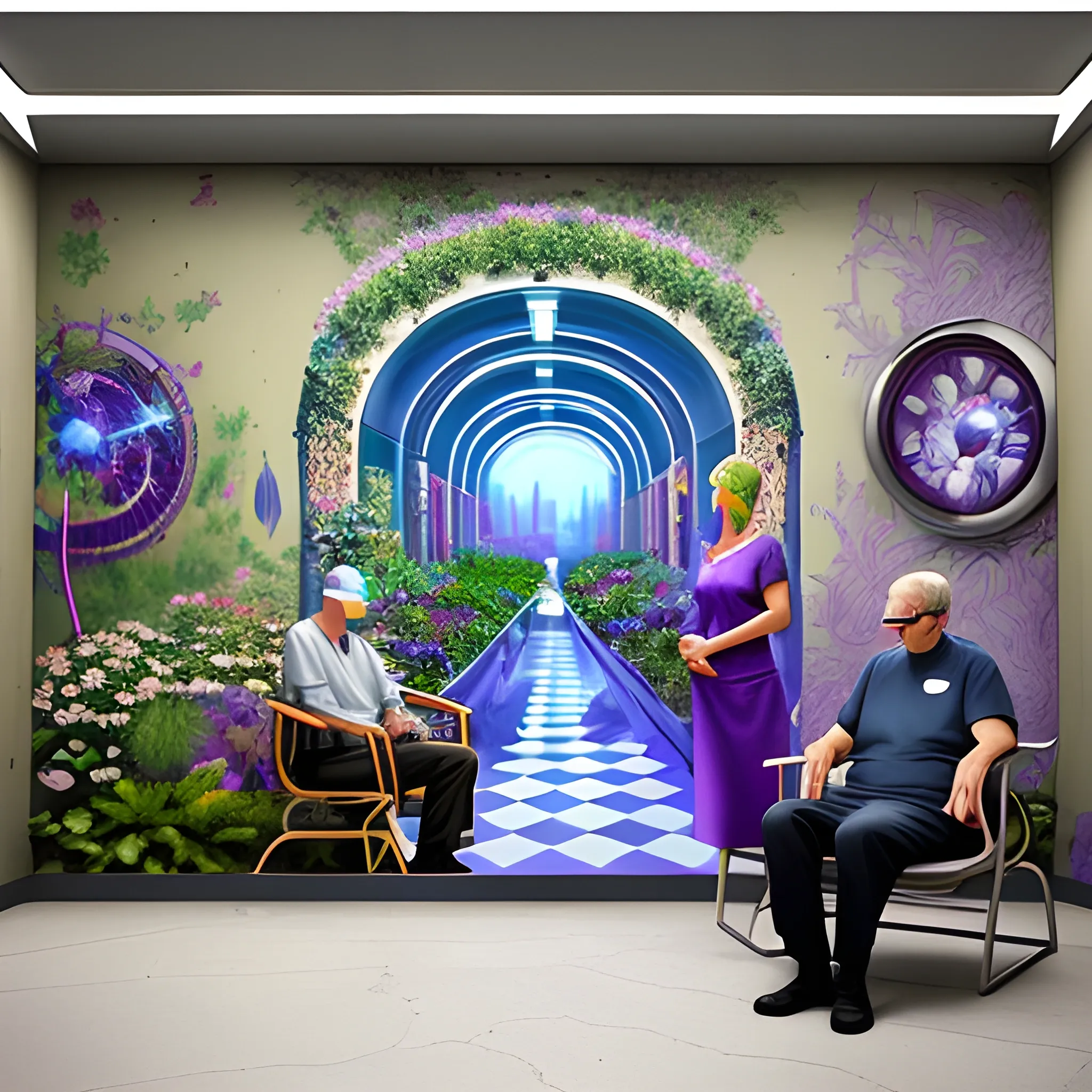 Depict a futuristic hospital waiting room with a mural of a perfectly maintained garden. In the center, a man in his mid-50s sits slumped in a chair, looking stressed. Nearby, a tall, handsome doctor is smiling proudly, while a woman in purple stands next to him, looking nervous. In the background, an old painter sits on a ladder, staring at his unfinished mural. The mood should feel tense and surreal, hinting at a life-or-death decision.

, Trippy, 3D