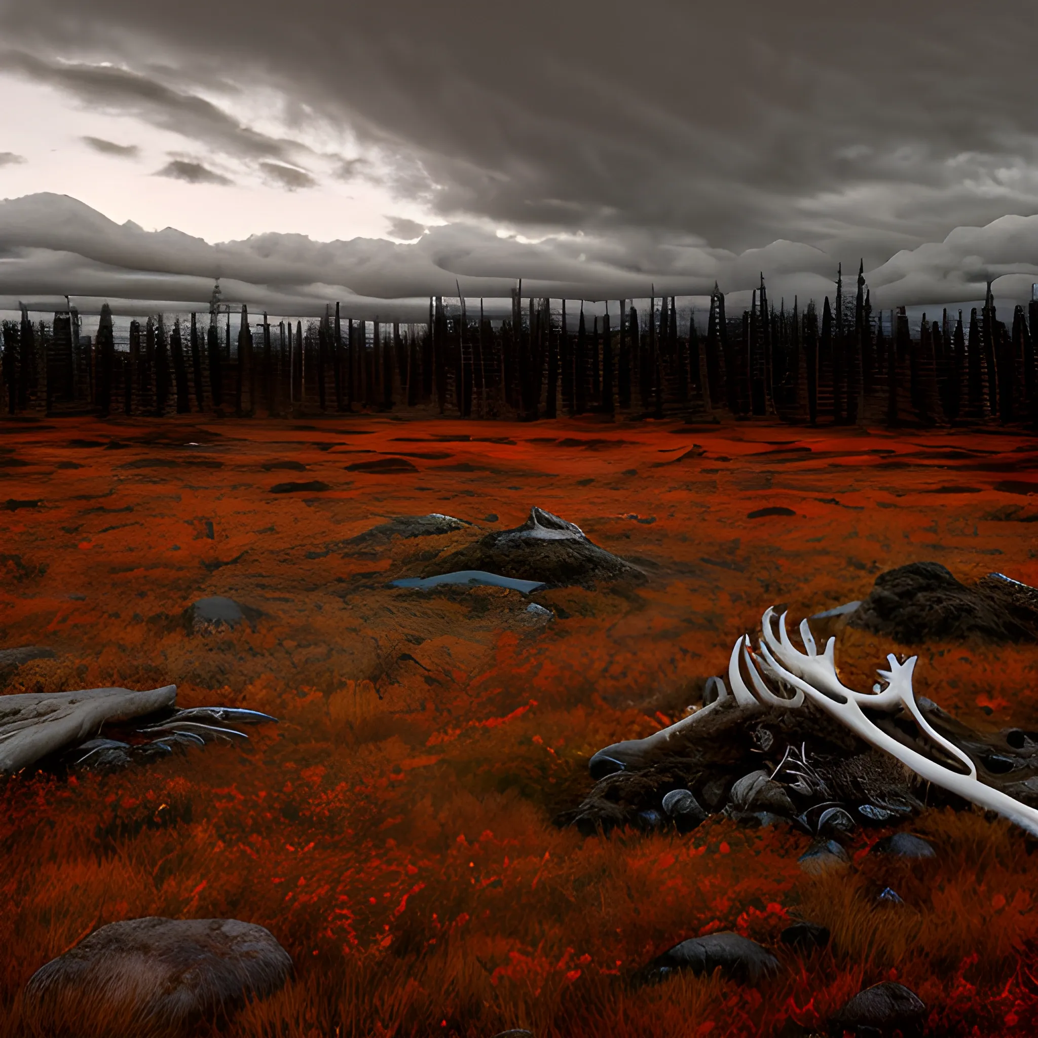 An image of a tundra forest, cloudy, at night, with animal bones on the ground and blood