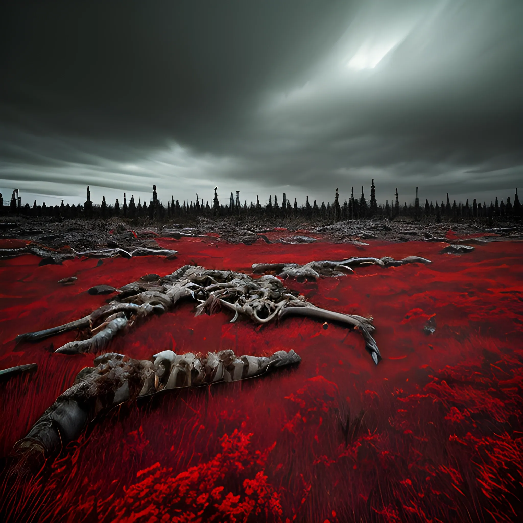 An image of a tundra forest, cloudy, at night, with animal bones on the ground and blood, Trippy