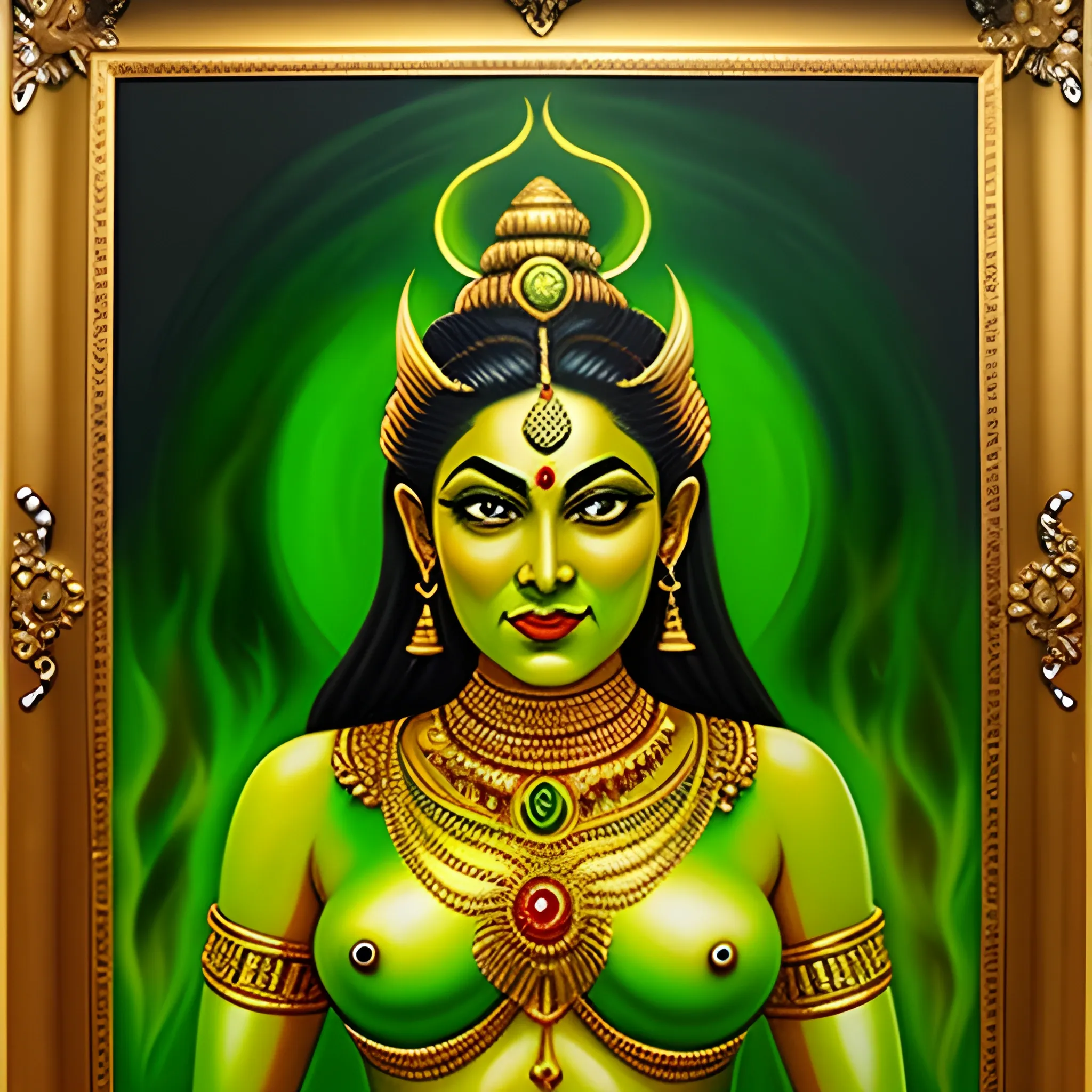 Kali ma Goddes lalita tripura in light golden green  color, young, Oil Painting, Water Color