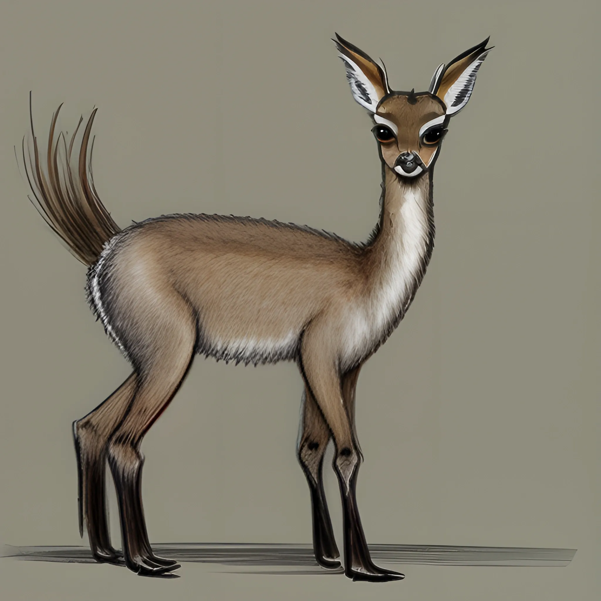 Guanaco-pudu
Describe un pequeño ciervo de pelaje suave que habita en zonas áridas, combinando la agilidad del guanaco y el tamaño compacto del pudu. ¿Cómo se adapta a su entorno?, Pencil Sketch