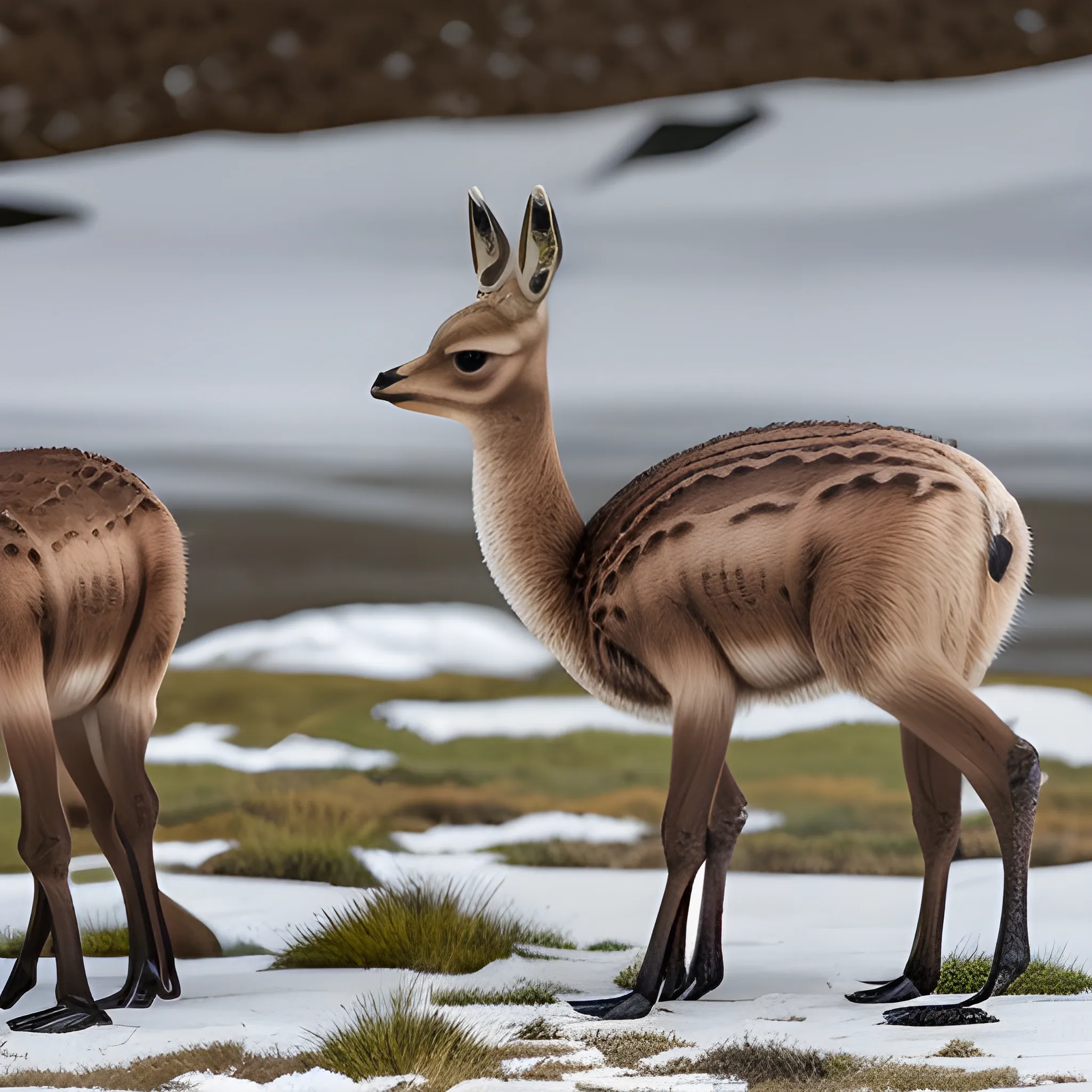 Guanaco-pudu
Describe un pequeño ciervo de pelaje suave que habita en zonas áridas, combinando la agilidad del guanaco y el tamaño compacto del pudu. en la nieve
