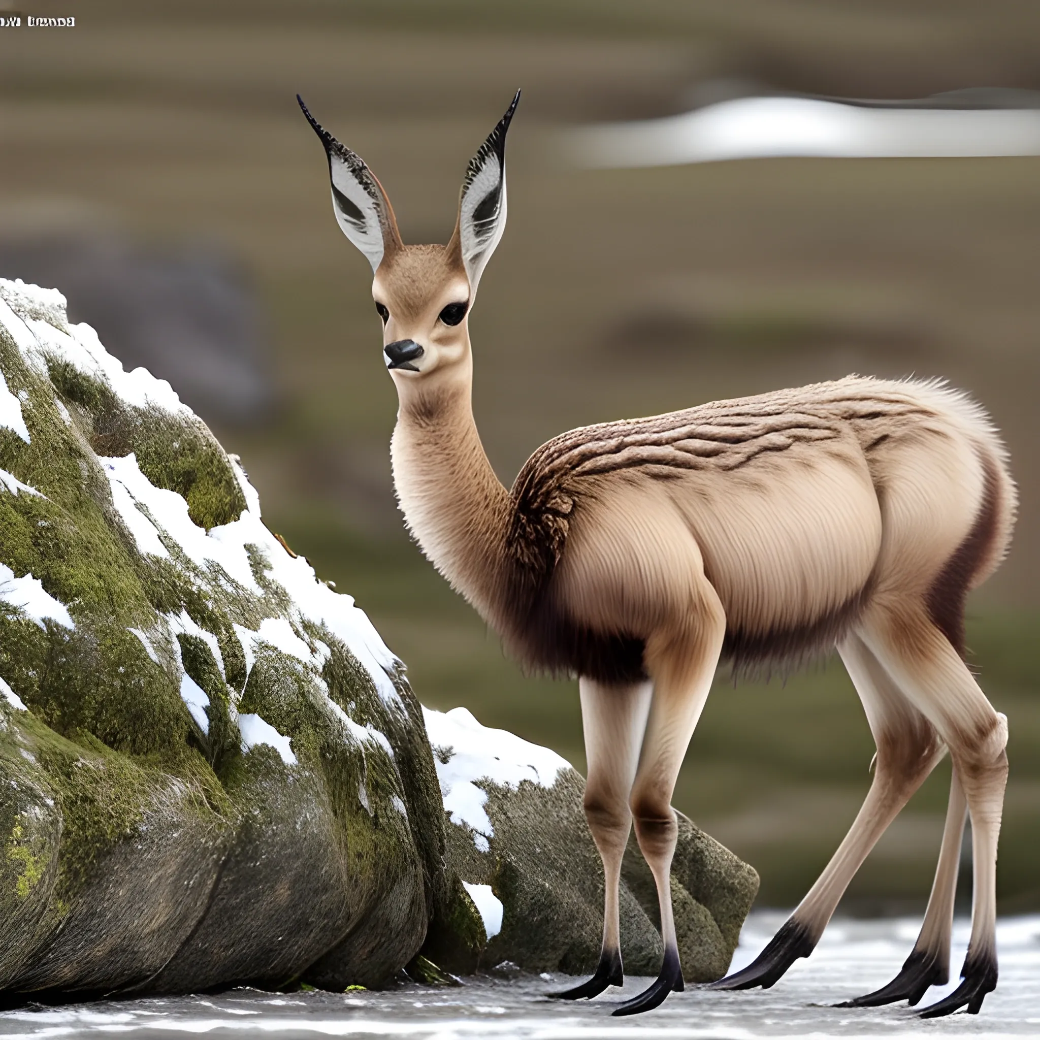 Guanaco-pudu
Describe un pequeño ciervo de pelaje suave que habita en zonas áridas, combinando la agilidad del guanaco y el tamaño compacto del pudu. en la nieve en manada en medio de los cerros 
