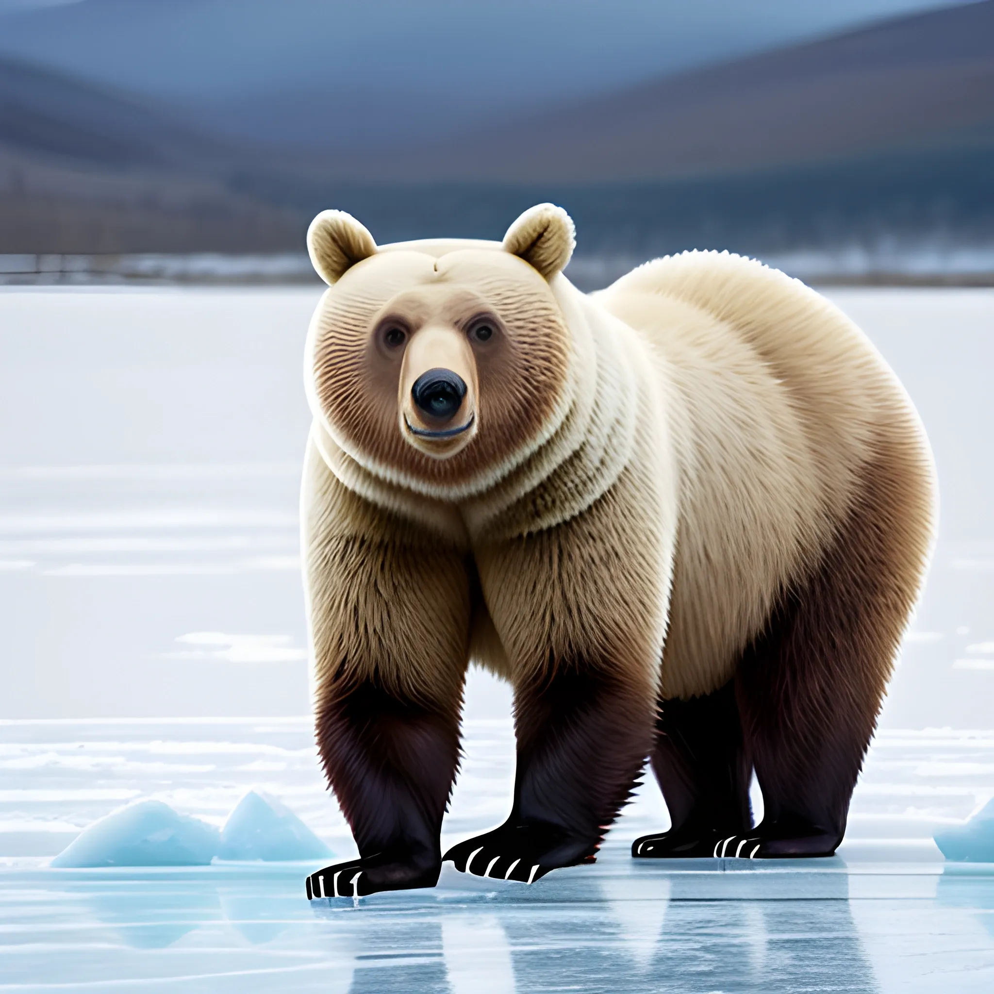 Crea una imagen de un Grolar Bear en un entorno natural. El Grolar Bear debe mostrar características distintivas de ambas especies, como el pelaje blanco del oso polar y el tamaño robusto del oso pardo. El fondo debe ser un paisaje ártico con hielo y nieve.
