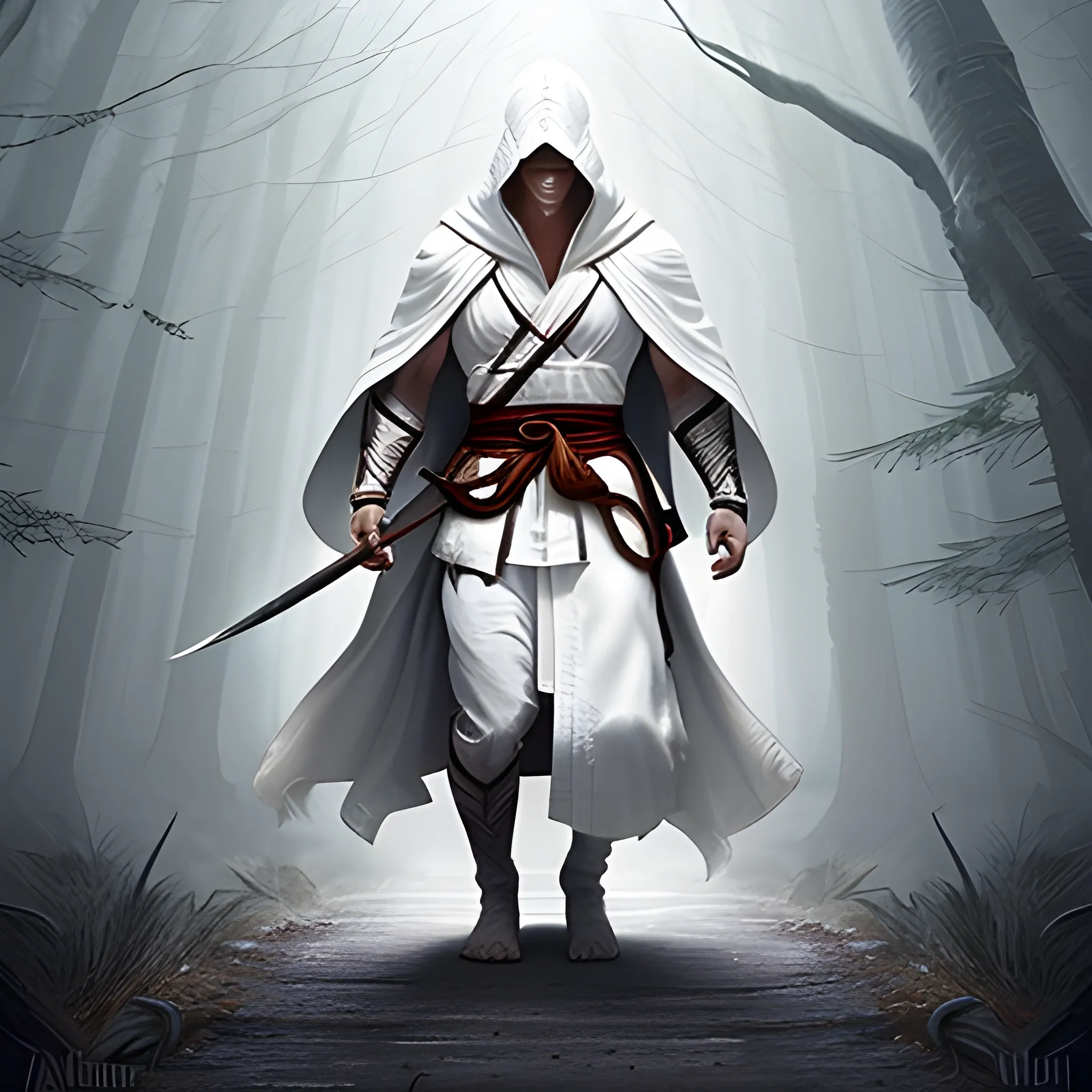 
Create an awe-inspiring digital painting of a powerful ranger wearing white robes patrolling the roads of a deep forest, the warriors outfit is inspired by the robes altair wore from the Assasins creed franchise The artwork should be rendered in ultra-high 8k resolution to capture the essence of the mighty warrior.
